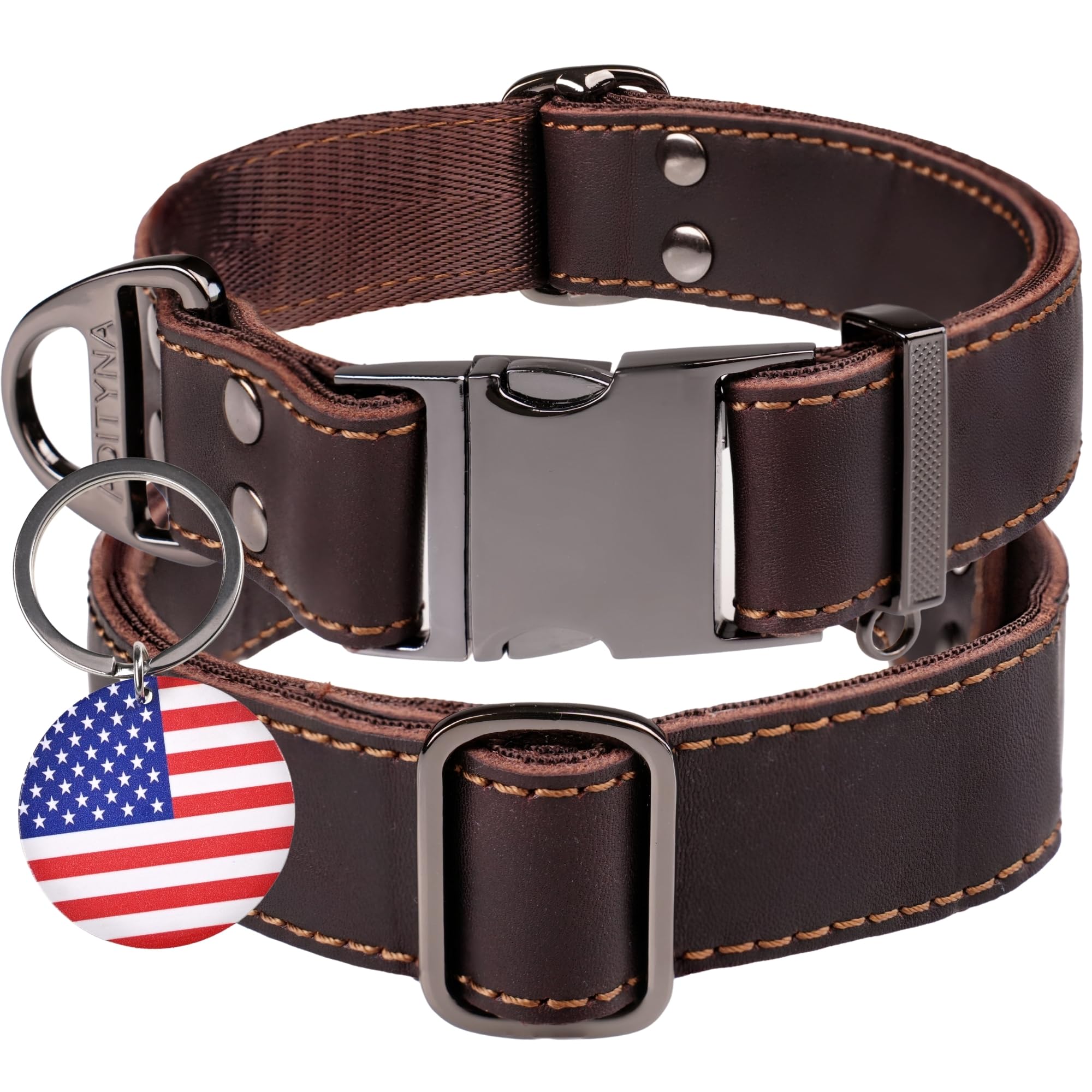 ADITYNA Leather Dog Collar with Metal Buckle - Heavy-Duty, Adjustable for Medium & Large Dogs - Walking, Training, Hiking (Brown, Fits 15-21" Necks)