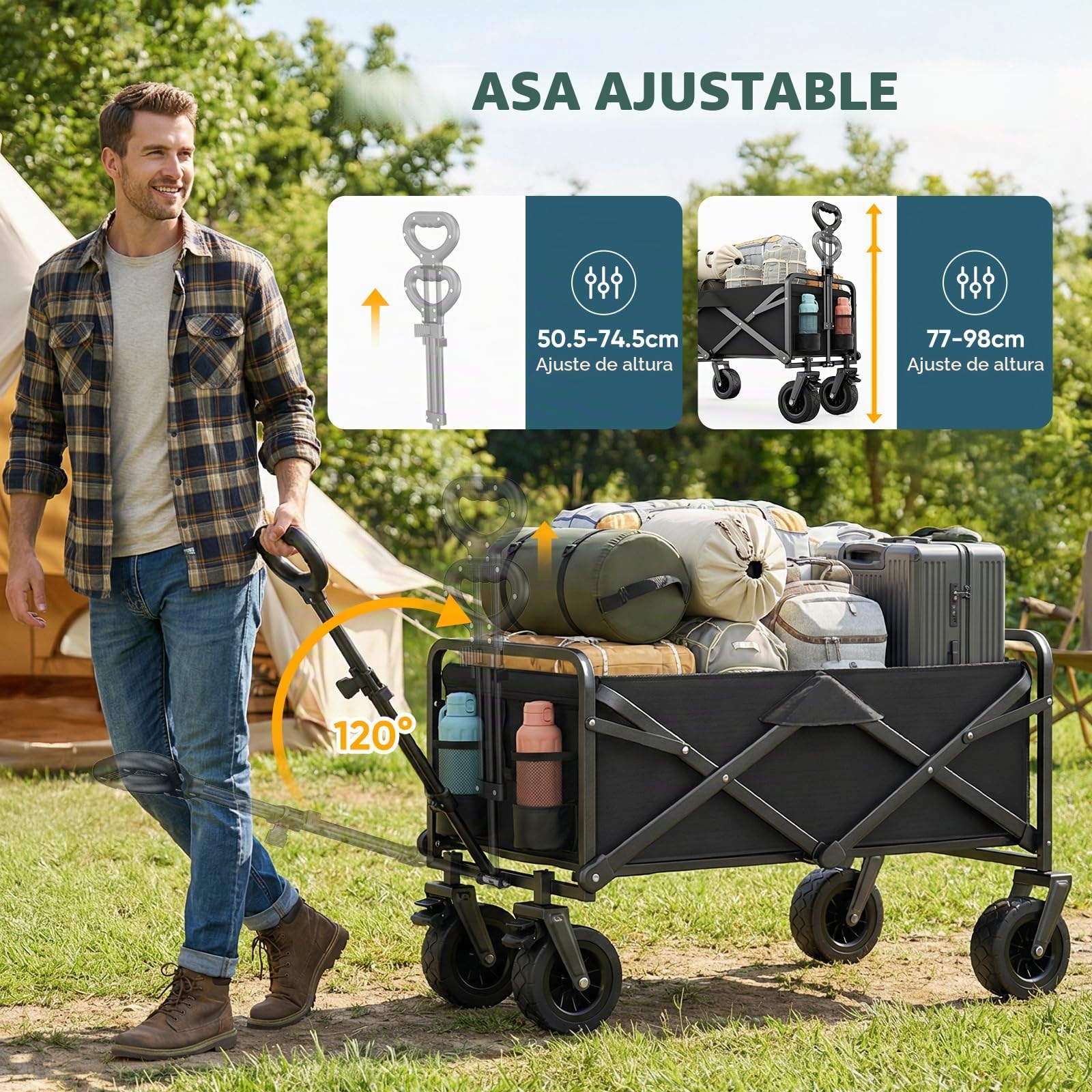 100L Carro Plegable Playa, Carro Playa Ruedas Grandes de Alta Capacidad de Carga, Ruedas Grandes Todoterreno, Capacidad 100KG Carrito de Playa para Jardín, Camping, Compras, Negro