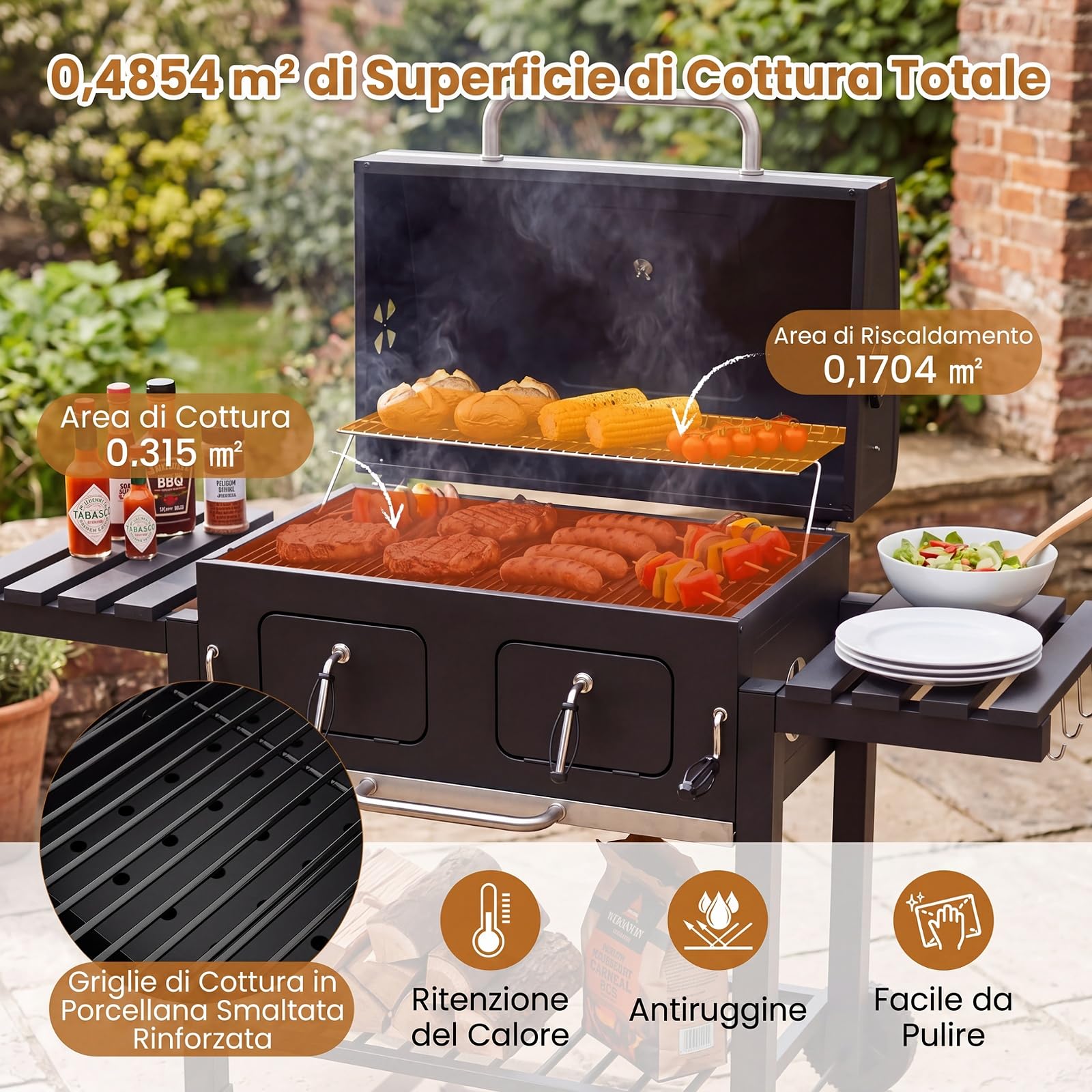 COSTWAY Barbecue a Carbone, Barbecue Portatile Affumicatore con Ruote | Griglia Regolabile in Altezza e Tavolini Laterali,Carrello BBQ da Esterno con Copertura e Termometro per Giardino e Campeggio