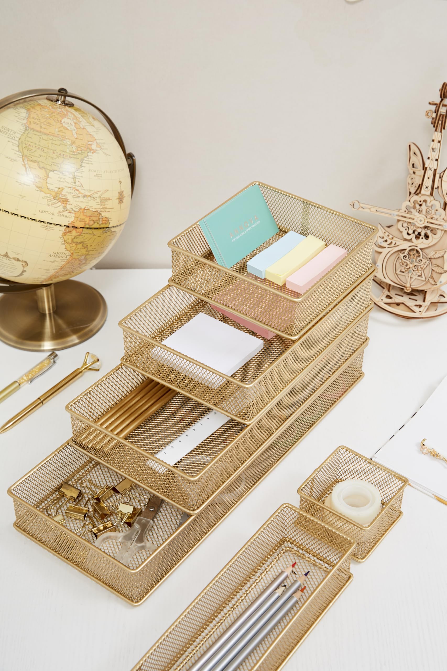Annova Set di 2 cestini portaoggetti in rete per cassetti e mensole, per scuola e ufficio (d'oro, 15x7.5x5cm)