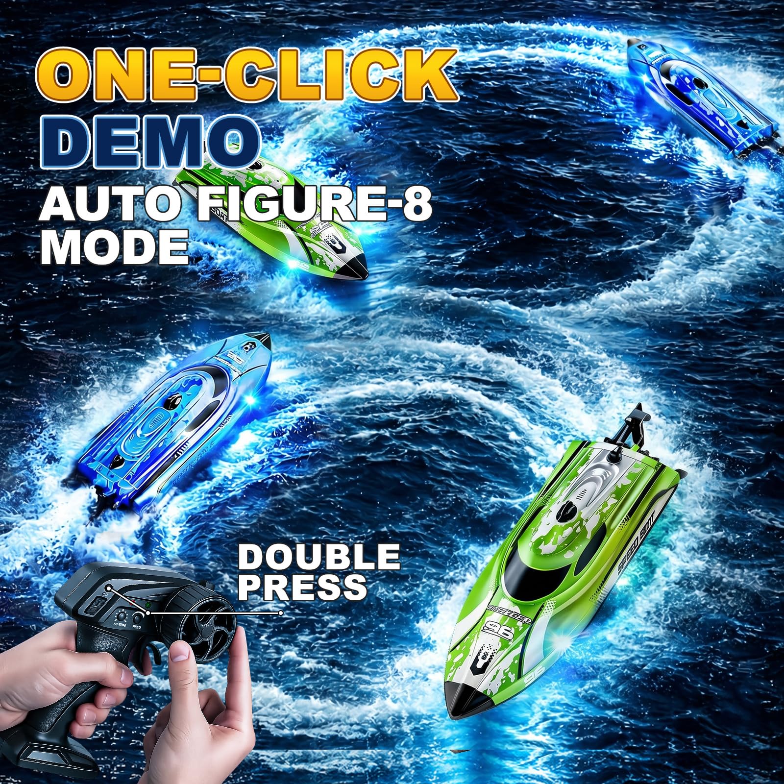 YESHIN RC Boot 25 km/h, 2,4 GHz High Speed Ferngesteuertes Boot mit LED, 2 Batterien, Wasserdicht & Kentersicher, Überdruck Erinnerung, Geeignet für Pool Seen, Geschenk für Kinder & Erwachsene (Grün)