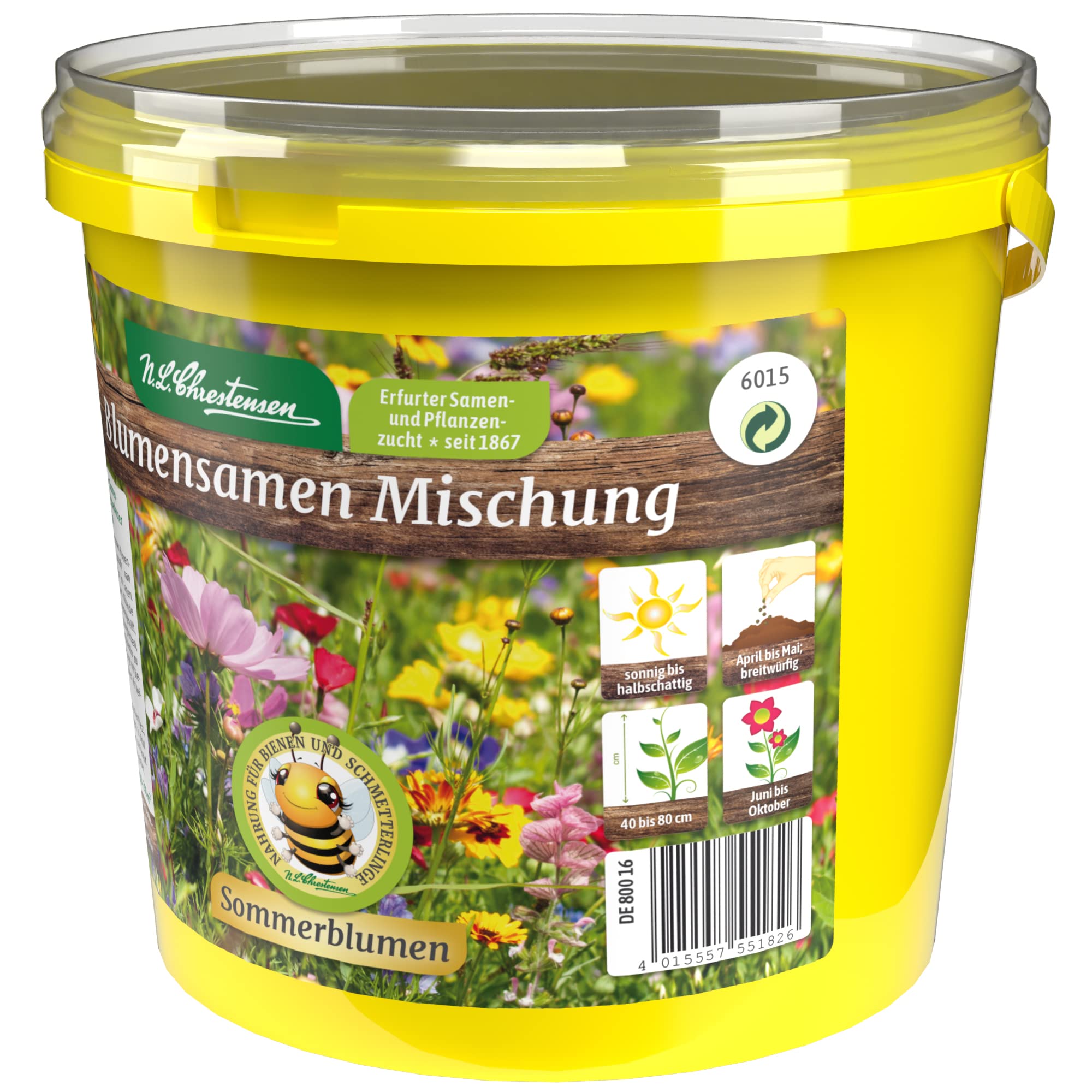 N.L. Chrestensen Blumensamen Mischung, Saatgut bienenfreundlich, Sommerblumen, Bienenweide, Bienen Blumen Samen, Blumenwiese für Bienen, reicht für 100 bis 200 m2 (1L Eimer)