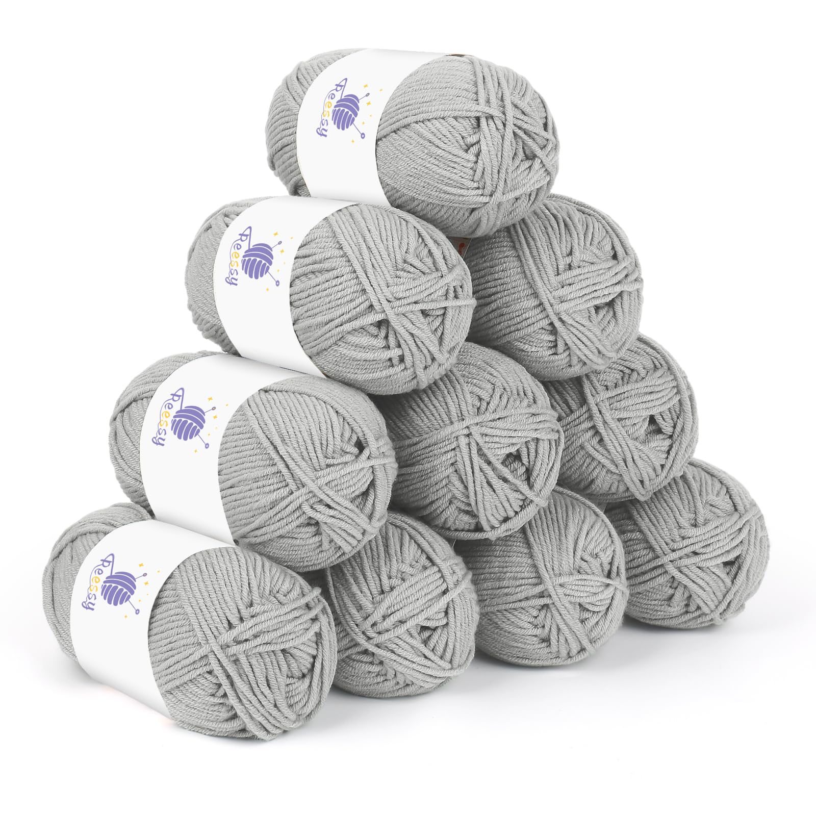 Reessy Crochet Yarn Set 500g, 10 Pack Double Knitting Wool Acrylic Yarn 50g, Soft 5 Ply Milk Cotton Yarn for Crochet and Knitting Amigurumi, Granny Squares, Scarves and Crafts(Light Grey)