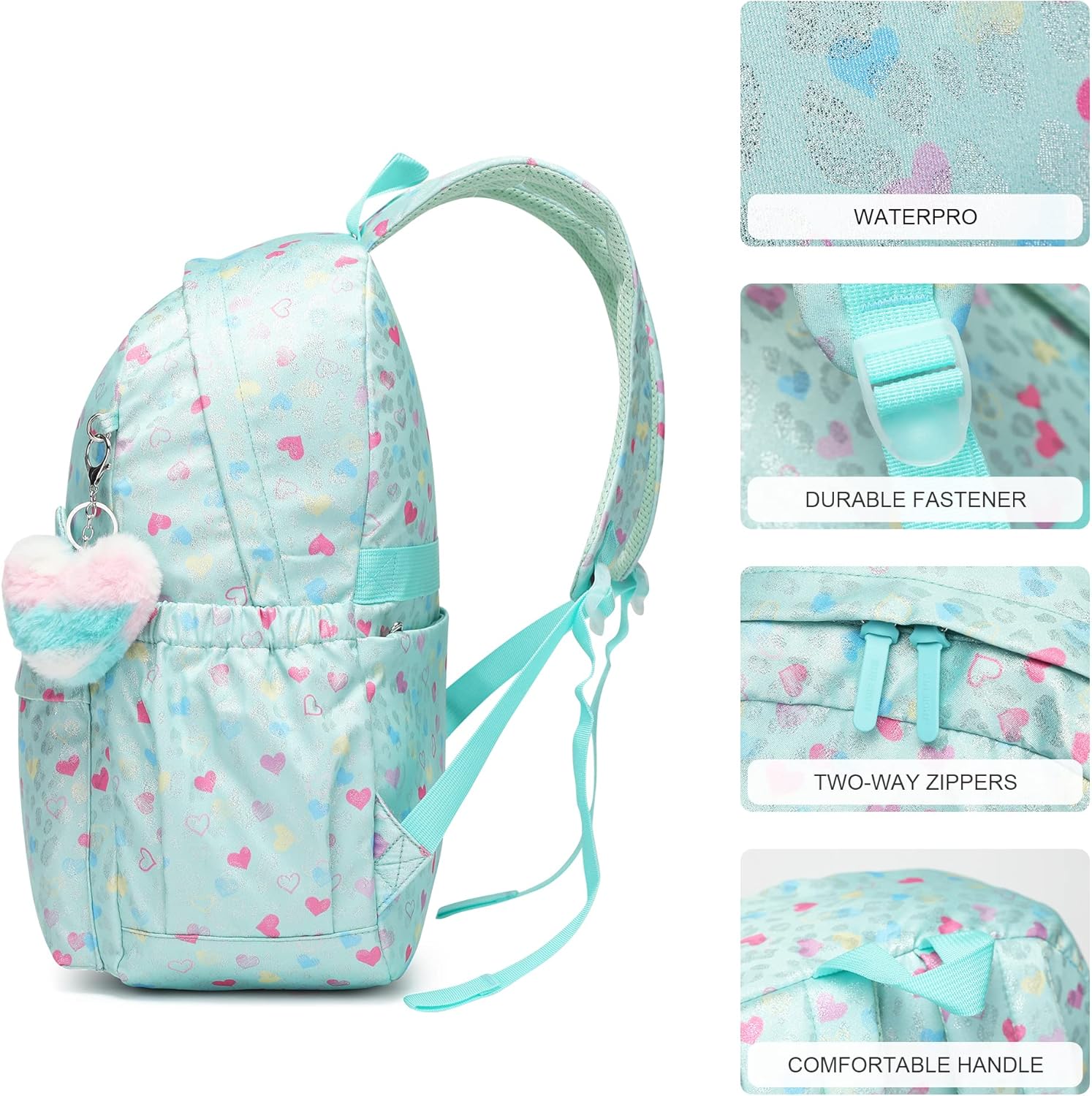 30L Pink Green Peach Heart Backpack for 6-18 Years Girls Waterproof School Bookbag with Cat Ears & Peach Heart Keychain,Large Capacity Lightweight Travel Backpack for Teens College - Image 5