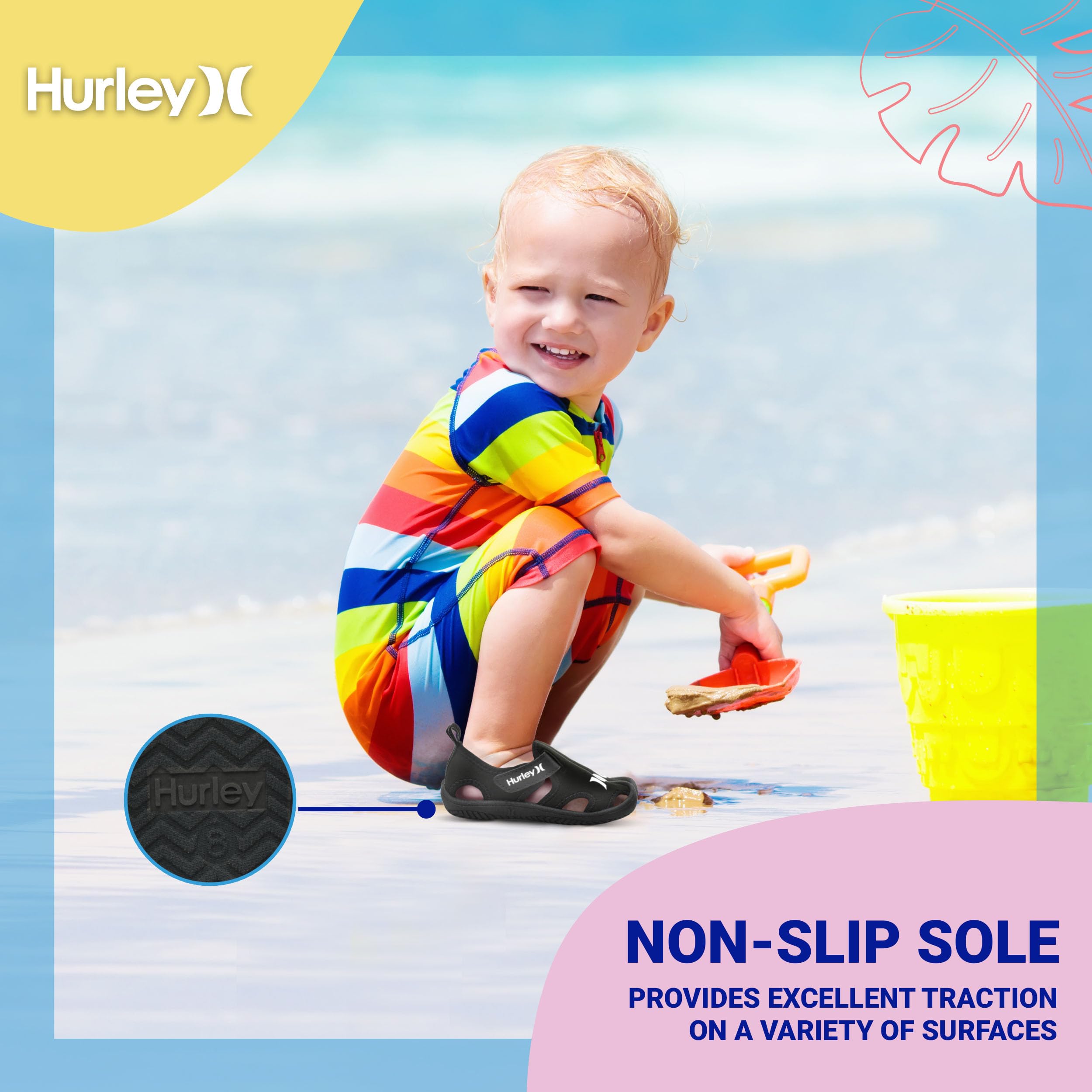 Hurley Kona Toddler Water Shoes - Beach Essentials, Girls and Boys Closed Toe Sandals, Lightweight, Breathable, Kids Water Shoes with Non-Slip Sole and Adjustable Straps, Outdoor Toddler Swim Shoes