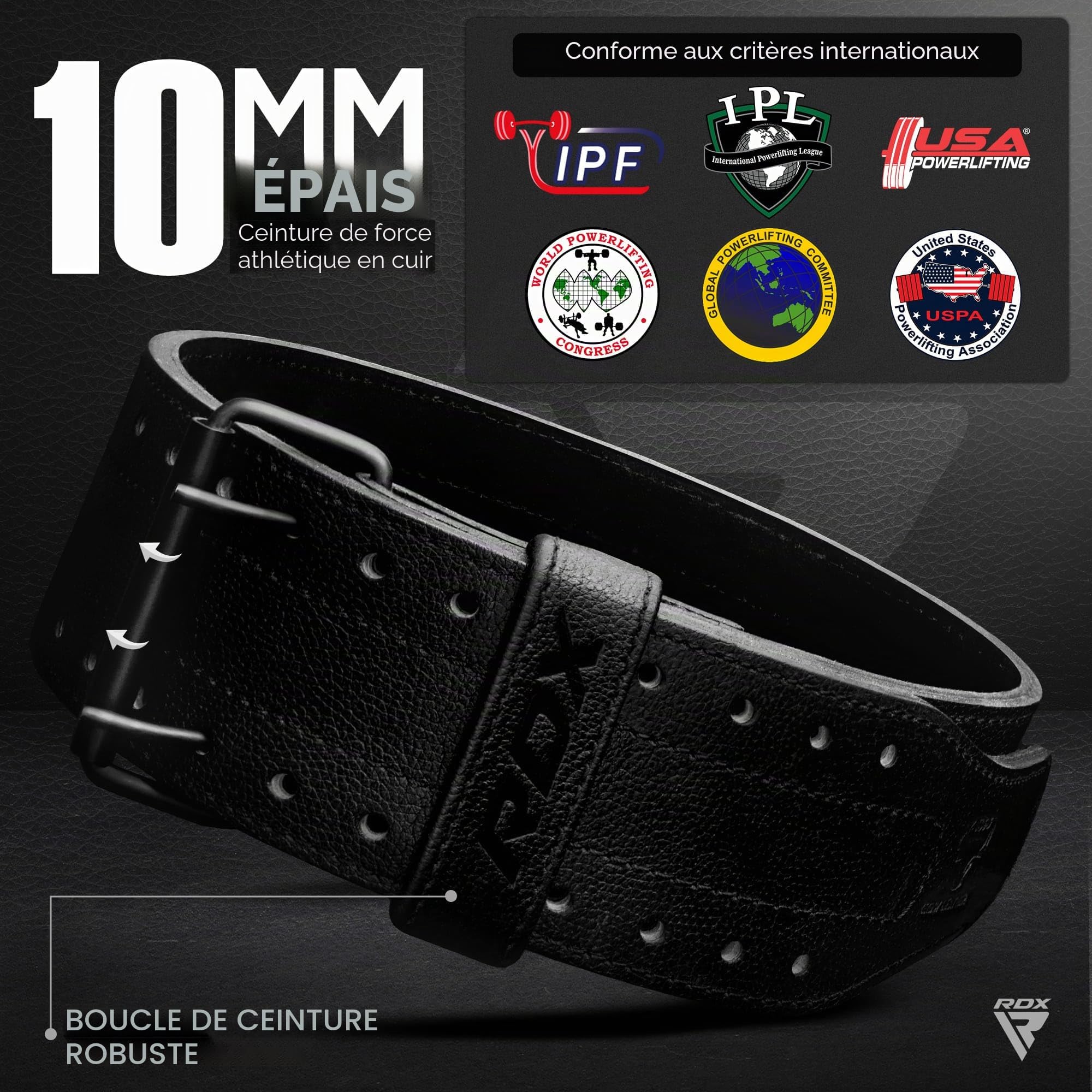 RDX Ceinture d'haltérophilie pour haltérophilie lourde, 10 mm et 13 mm d'épaisseur, ceinture en cuir à double griffe, soutien lombaire de 4", musculation, musculation, soulevé de terre