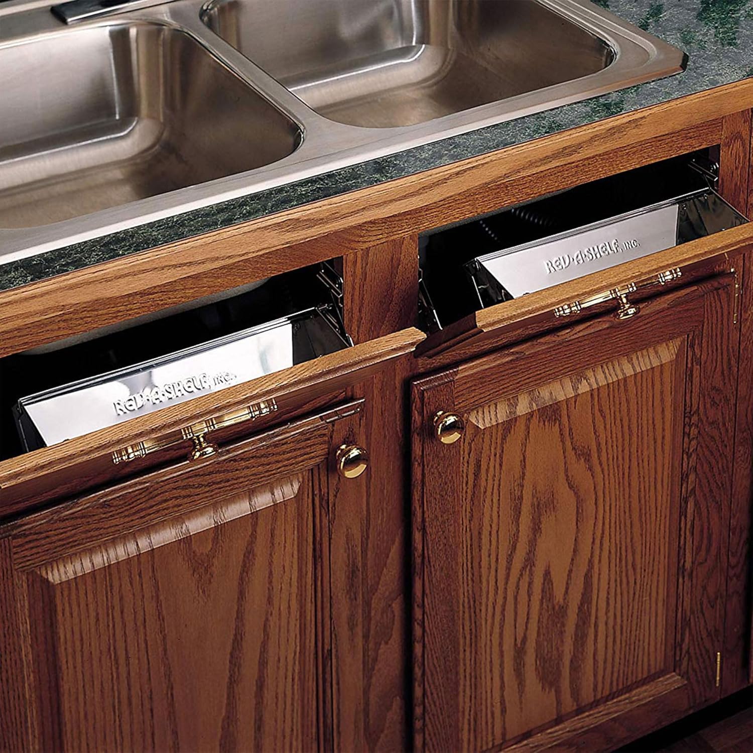Rev-A-Shelf Tip-Out Sink Front Tray and Organizer with Hinges for 21 1/4" W Sink Base Cabinet Opening, Stainless Steel, 6541-19-52