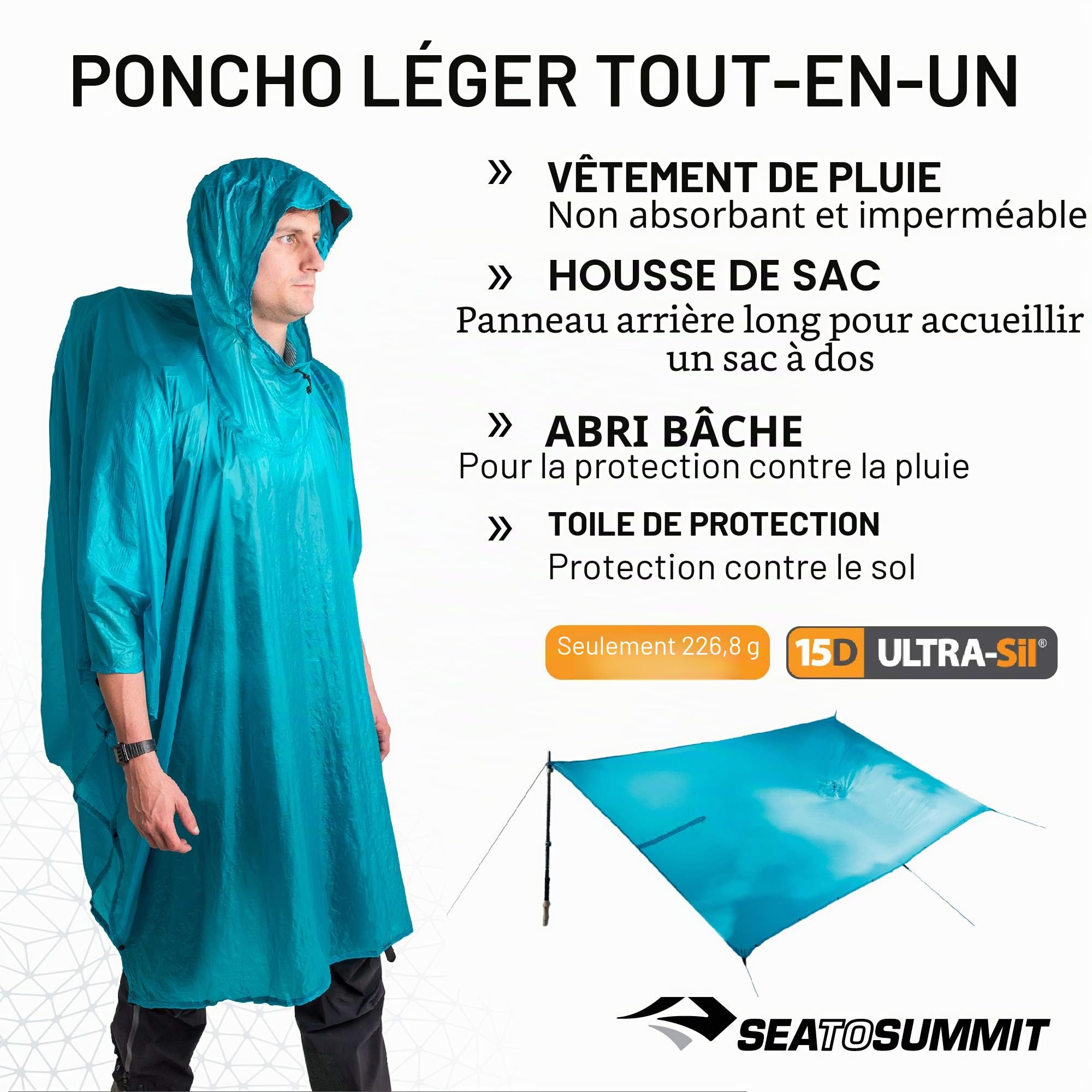 Sea to Summit - Poncho Ultra-Sil Nano Tarp - Protection Contre la Pluie Ultra légère et imperméable - avec Capuche - Protège Le Grand Sac à Dos - Bâche de Tente pour 2 Personnes - Randonnée - Bleu