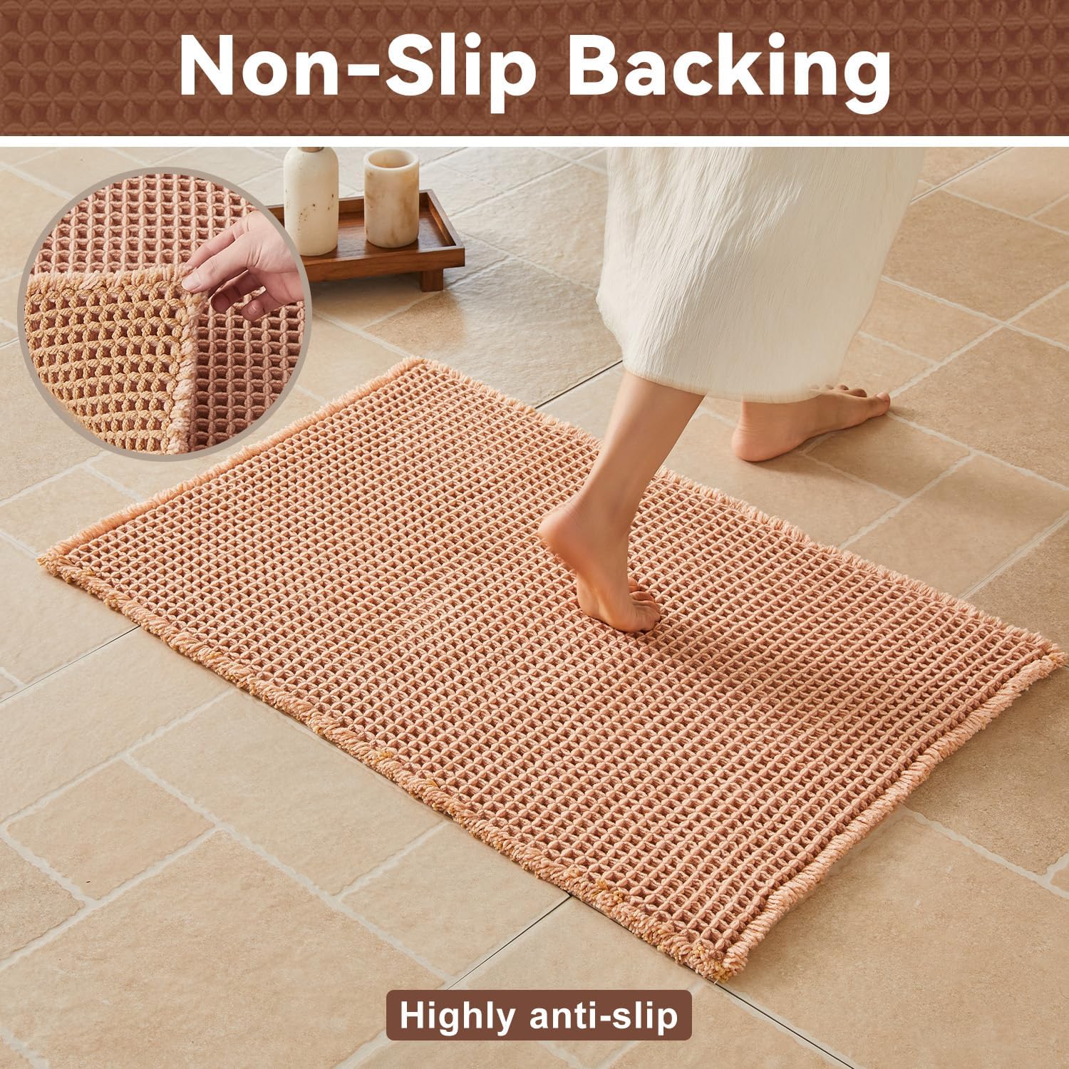 Triohero Waffle Bath Mat, Boho Bathroom Rugs Non Slip Washable, Ultra Soft Super Absorbent Quick Dry Farmhouse Bathroom Decor, 20" x 30", Light Peachy