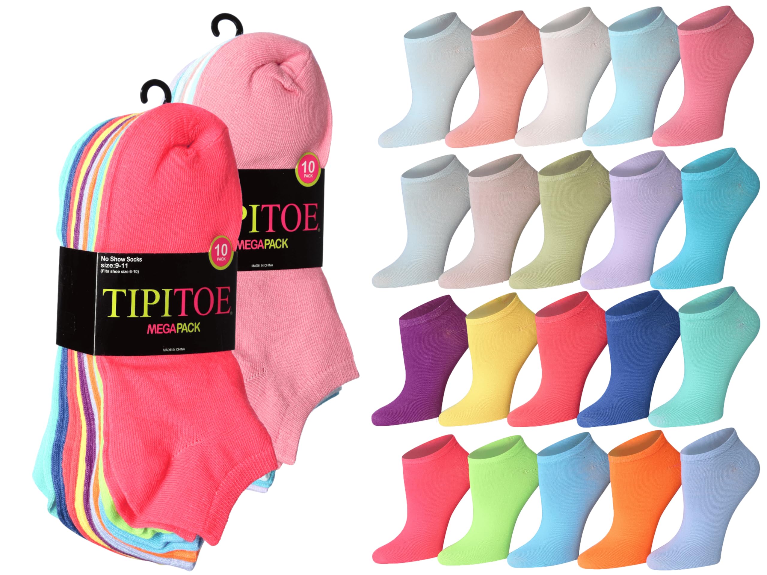 Tipi Toe Women’s 20 Pack Colorful Low Cut Socks – Lightweight, Breathable Design for All-Day Comfort Sizes 9-11/10-13