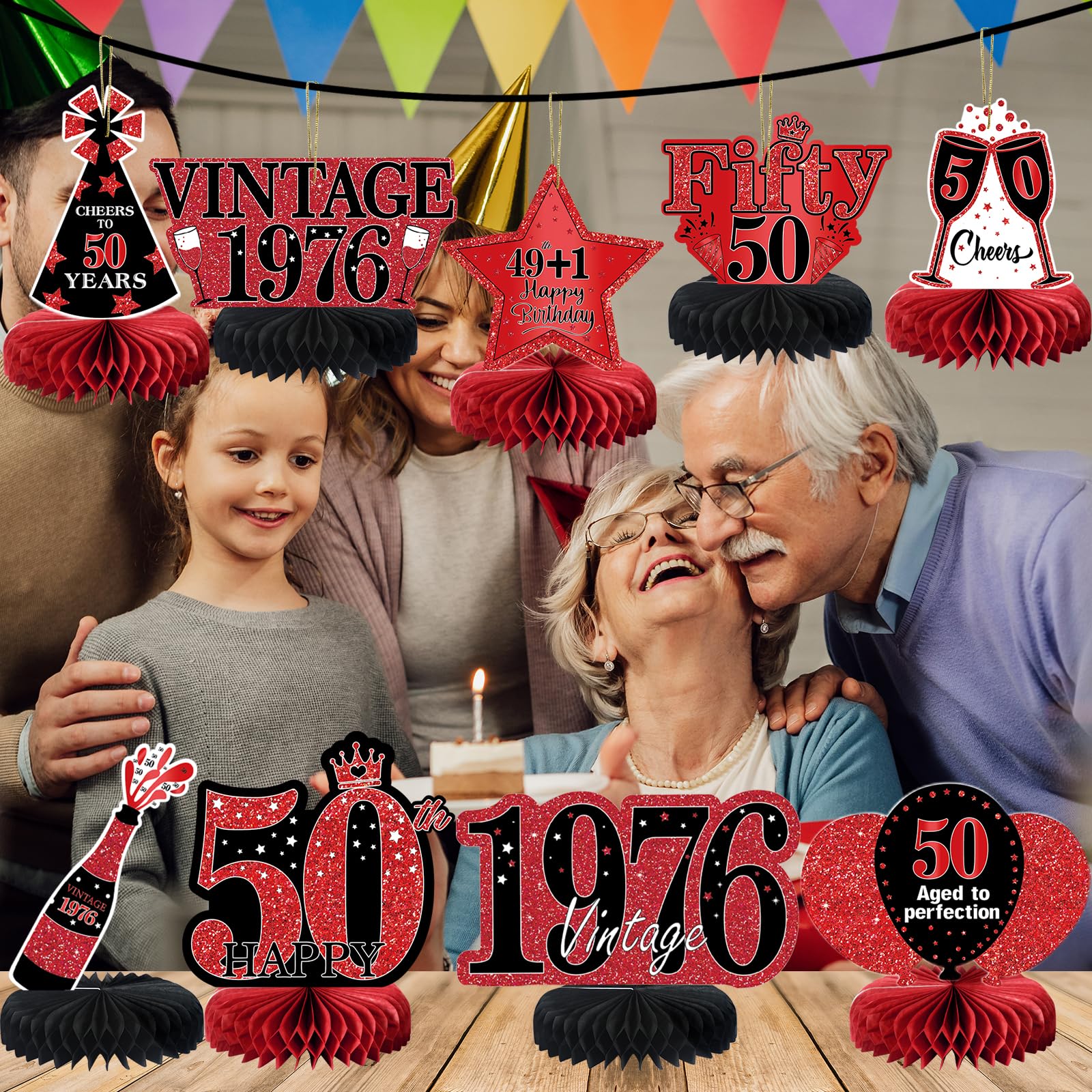 9 szt. dekoracje na 50. urodziny czerwone i czarne dekoracje na przyjęcie na 50. urodziny dla kobiet, Happy 50 Years Birthday Vintage 1973 postarzane elementy o strukturze plastra miodu znak na stół
