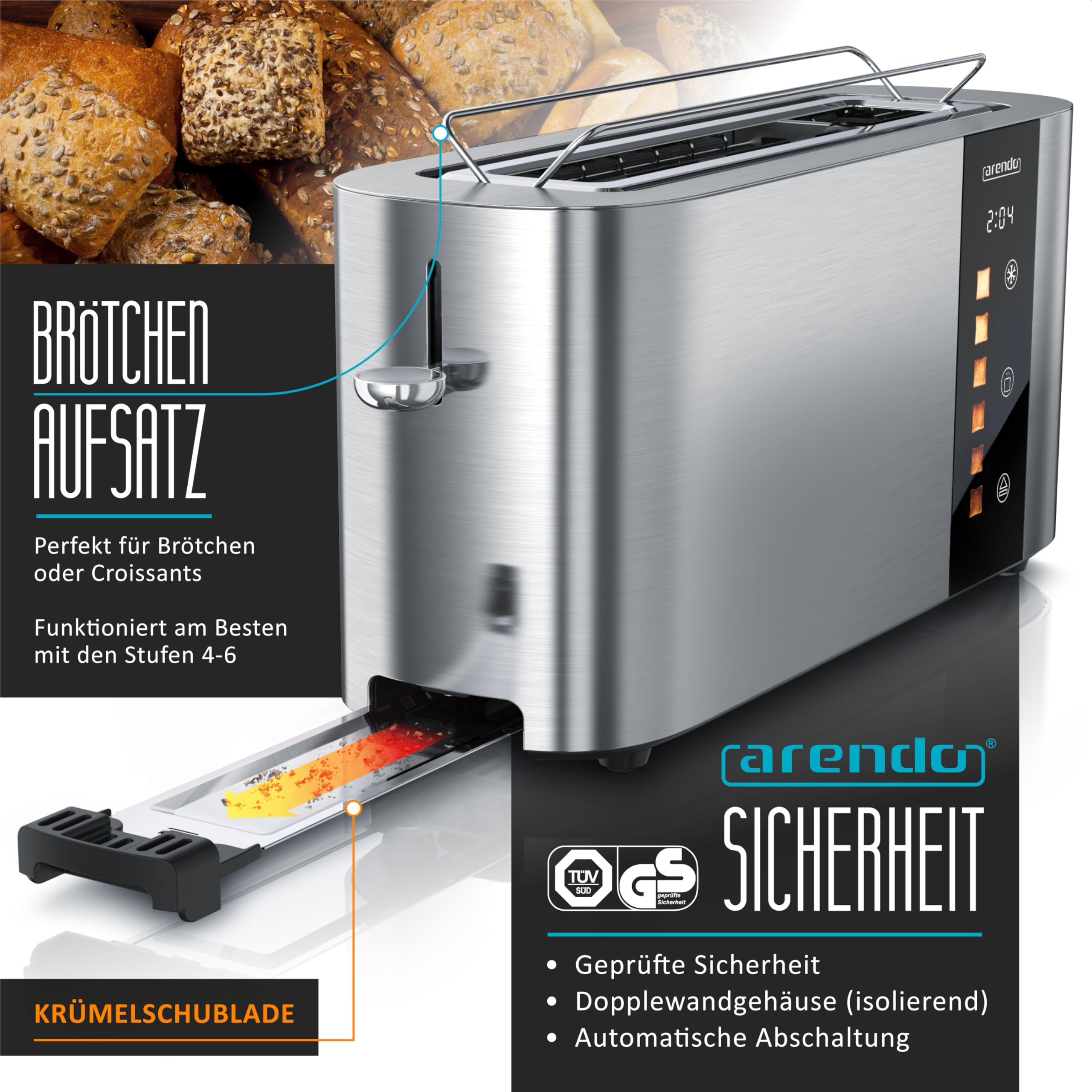 Arendo RVS Broodrooster 2 Sneden Lange Sleuf Touchscreen Dubbele Wand Behuizing Geintegreerd Broodjesopzetstuk 6 Bruiningsgraden Broodcentrering Resttijd Weergave Geheugenfunctie 2145629762