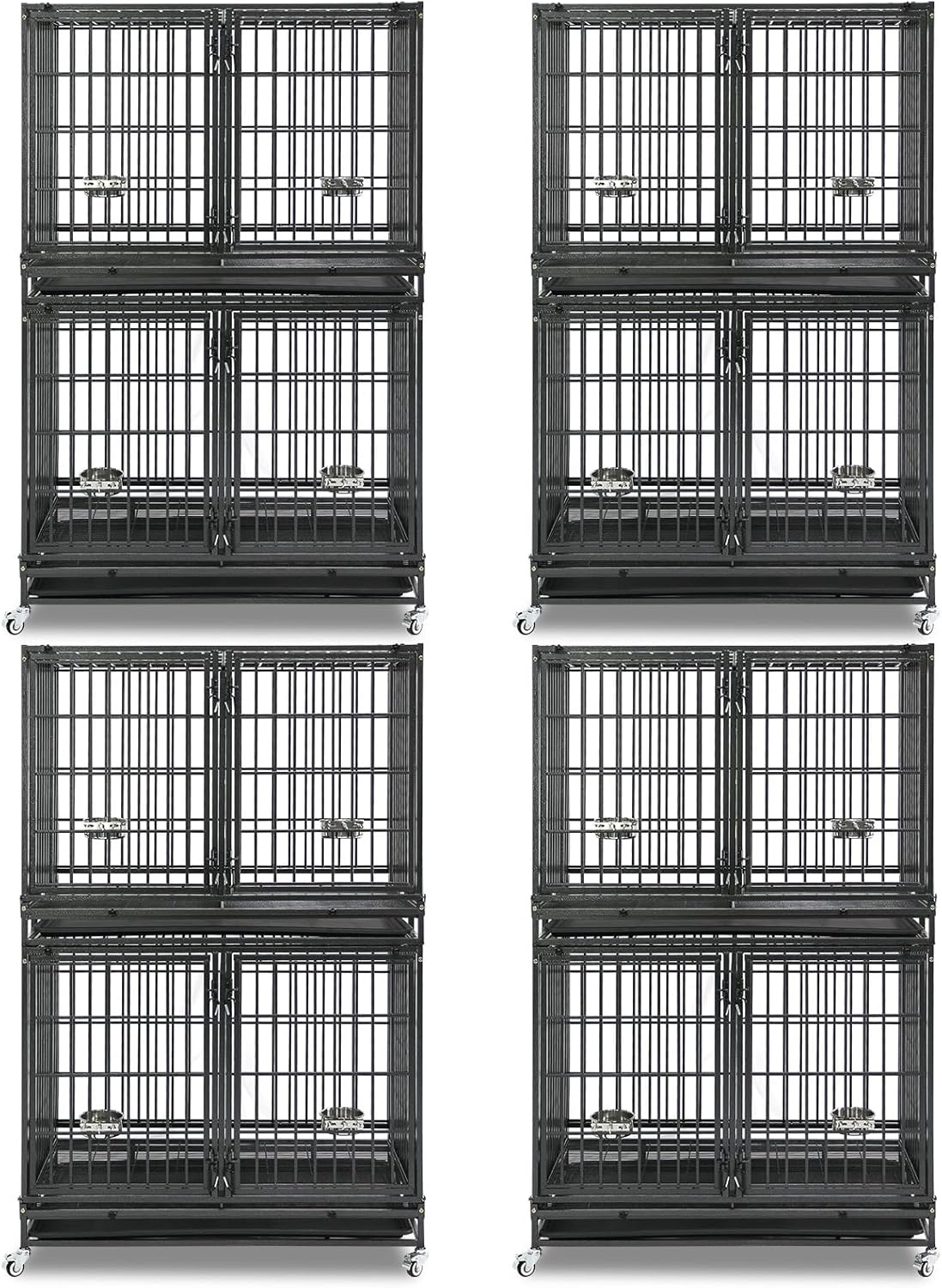 Homey Pet 43 Inch 2 Tiers Dog Crate Cage Kennel with Divider, Stackable Heavy Duty Dog Crate for Large Dogs, Escape Proof Indestructible Dog Kennel Indoor with Removable Tray, Lockable Wheels(4 Packs)
