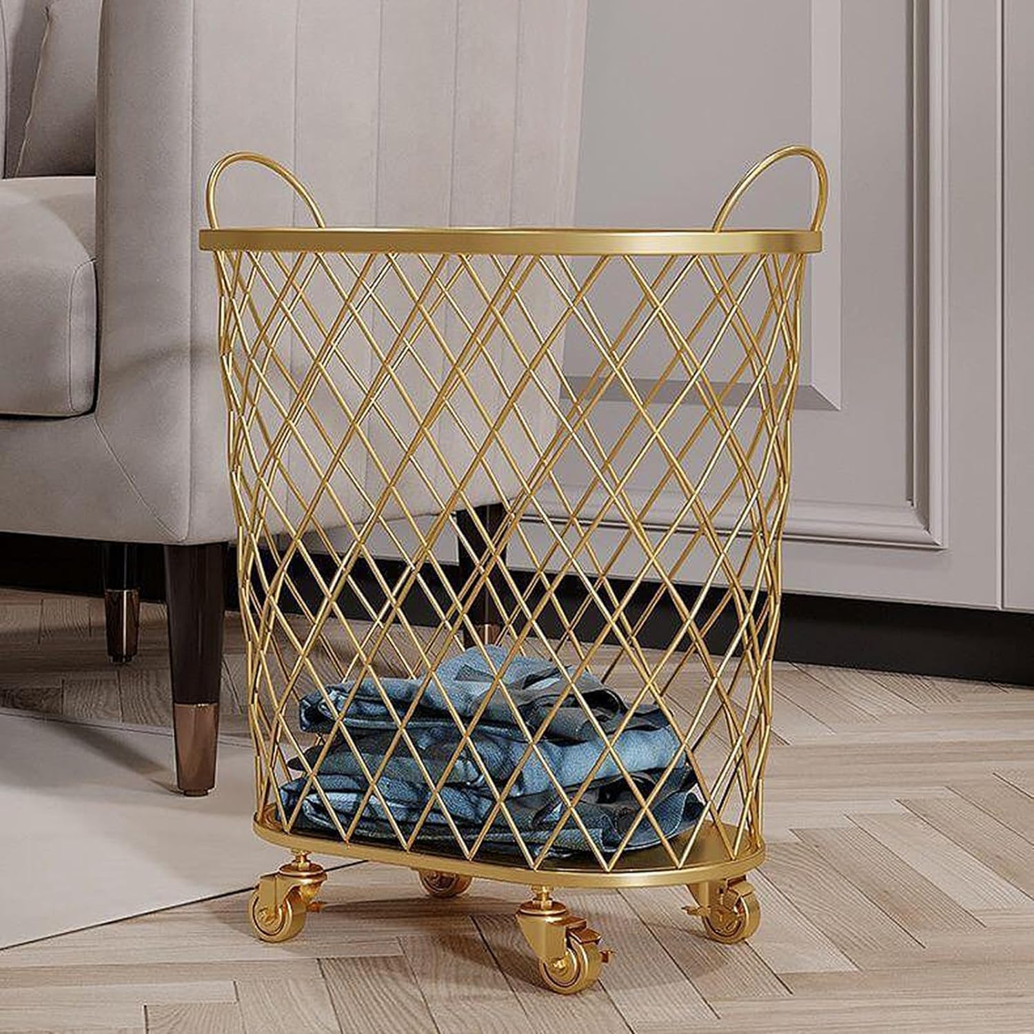 Kosz na Pranie Rollende wasmand met wielen Ovaal gaas Metalen wasmand Nordic smeedijzeren vuile klerenmand voor badkamer slaapkamer Pojemnik