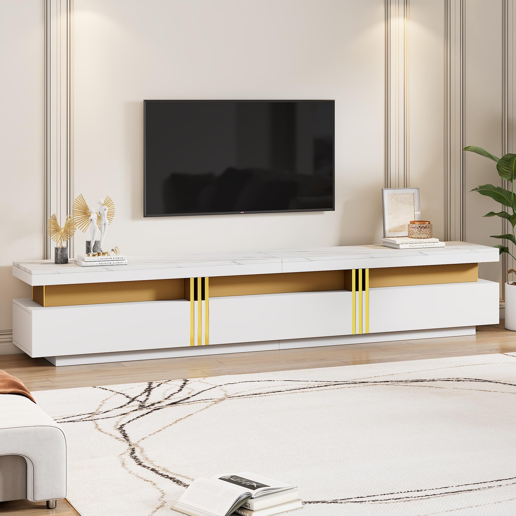 SACOOL Moderner Lowboard TV-Schrank 200 x 40 x 42 cm, Marmor-Optik, TV-Board, TV-Kommode – Für Fernseher bis 90 Zoll, DREI Schubladen und 1 Kabelmanagement