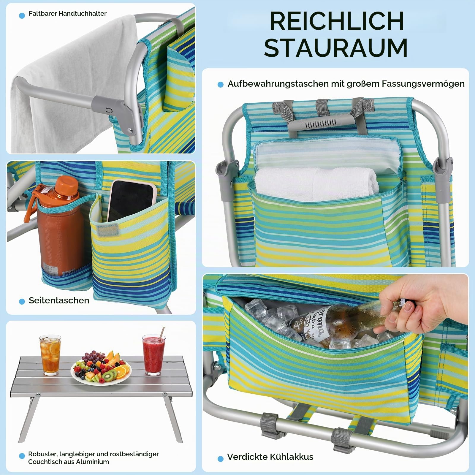 LIFERUN Strandstuhl Klappbar Leicht Aluminium 2er Set & Tisch, Rucksack Klappstuhl Strand, Campingstuhl Kann Flach Liegen,bis 150 kg belastbar, Outdoor Faltstuhl Verstellbarer Hohe Rückenlehne Grün