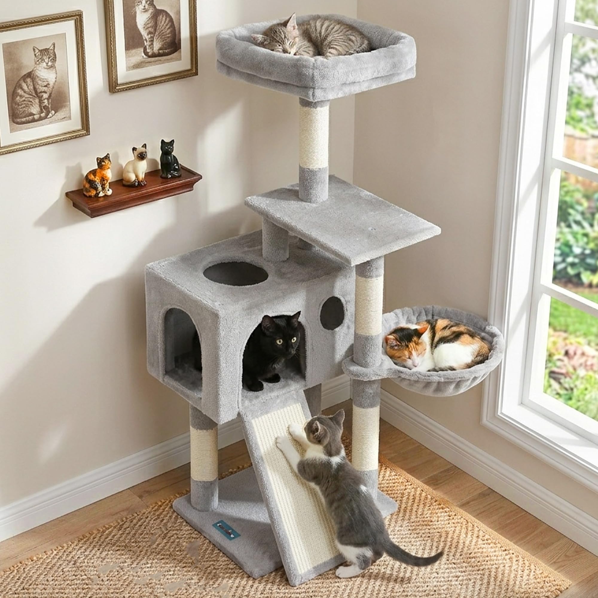 Gitelsnour Árbol Rascador para Gatitos, Torre de Gatos Interior de 107 cm, Árbol para Gatos con Postes Rascadores, Hamaca, Caseta y Pelota Colgante, Gris Claro GCT005SW