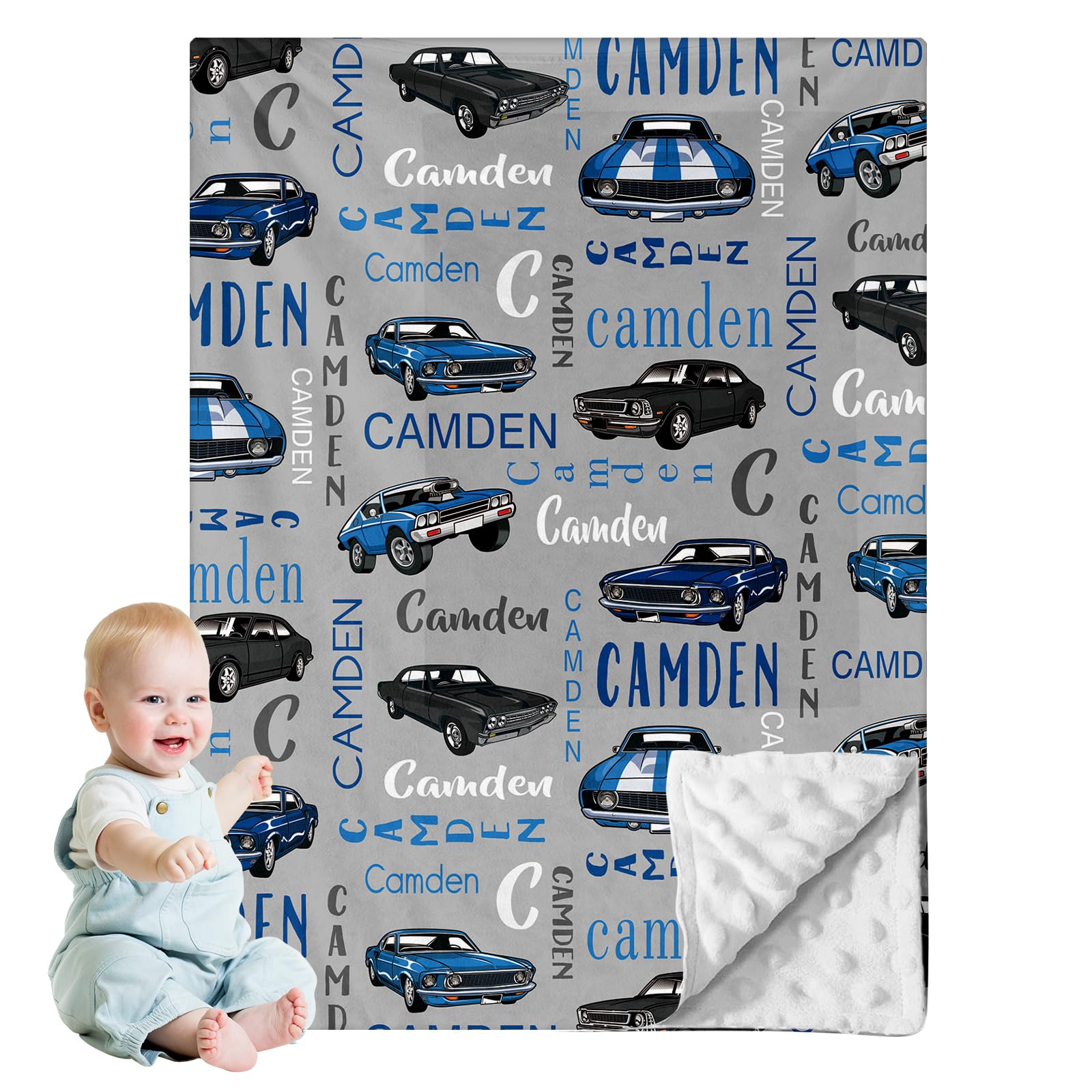 Personalized Baby Car Blankets with Name - Receiving Swaddle Blanket with Double Layer Dotted Backing Suitable for Baby Kids Teen Boys Girls Gifts Blue(30