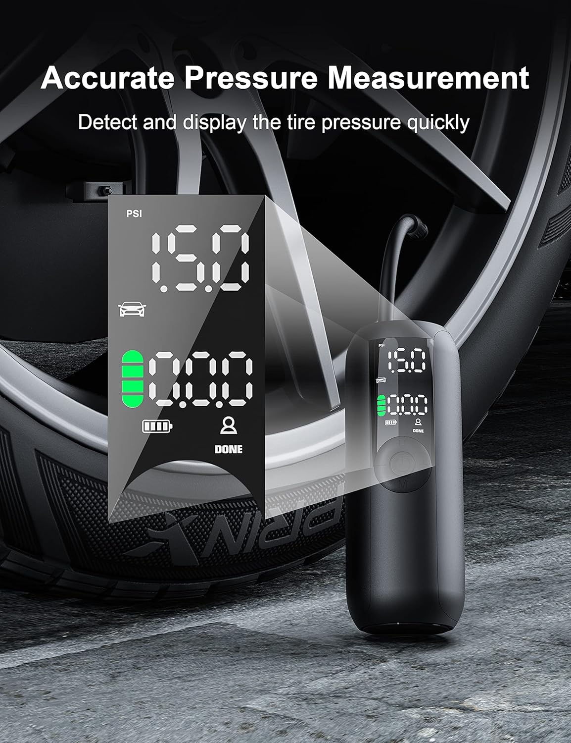 Portable Mini Air Compressor Handheld Inflator, AMORNO 150 PSI Electric Tire Pump with Digital LCD LED Lights for for Cars Bicycles Motorcycles Balls and Other Inflatables (Black) : Automotive