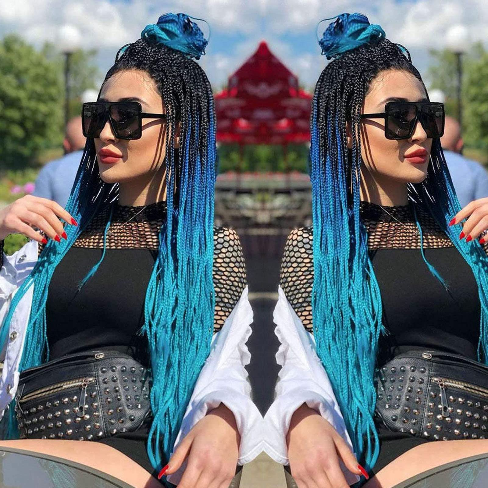 Blue Braided Wigs for Black Women Long Straight Box Braids Wig Black Ombre Blue Micro Braid Wig Realistic Hairline Glueless Knotless Braided Coloured Wigs Synthetic Heat Resistant Hair Cosplay 26Inch - Image 2