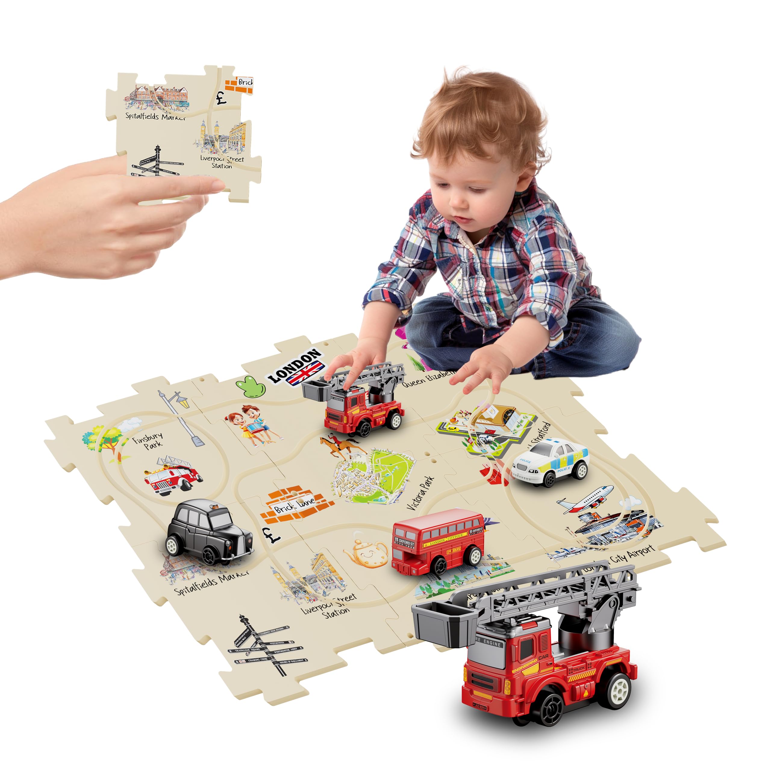 Educational Puzzle Track Set | Learning Game For Kids | London Map Track Set Game for 3+ ages with London Bus, Fire Engine, London Taxi, Police Car (East London with Fire Engine)