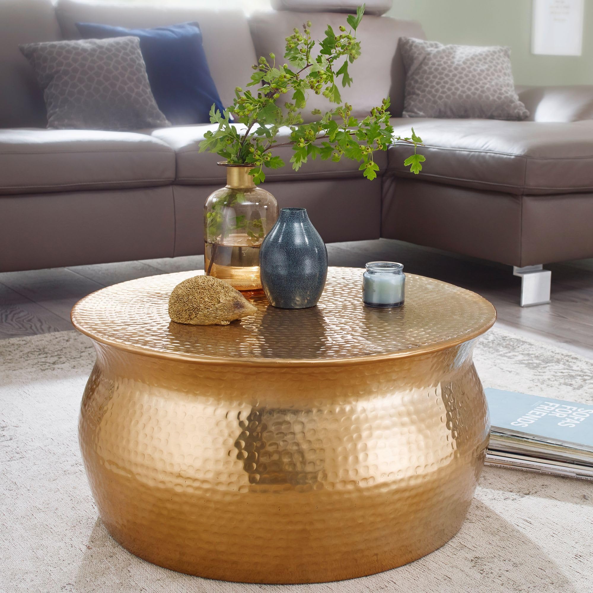 FineBuy Tavolino Salotto Metallo 60x30,5x60 cm Tavolino da Esterno Oro Martellato | Tavolo da Soggiorno Rotondo | Design Tavolino Moderno