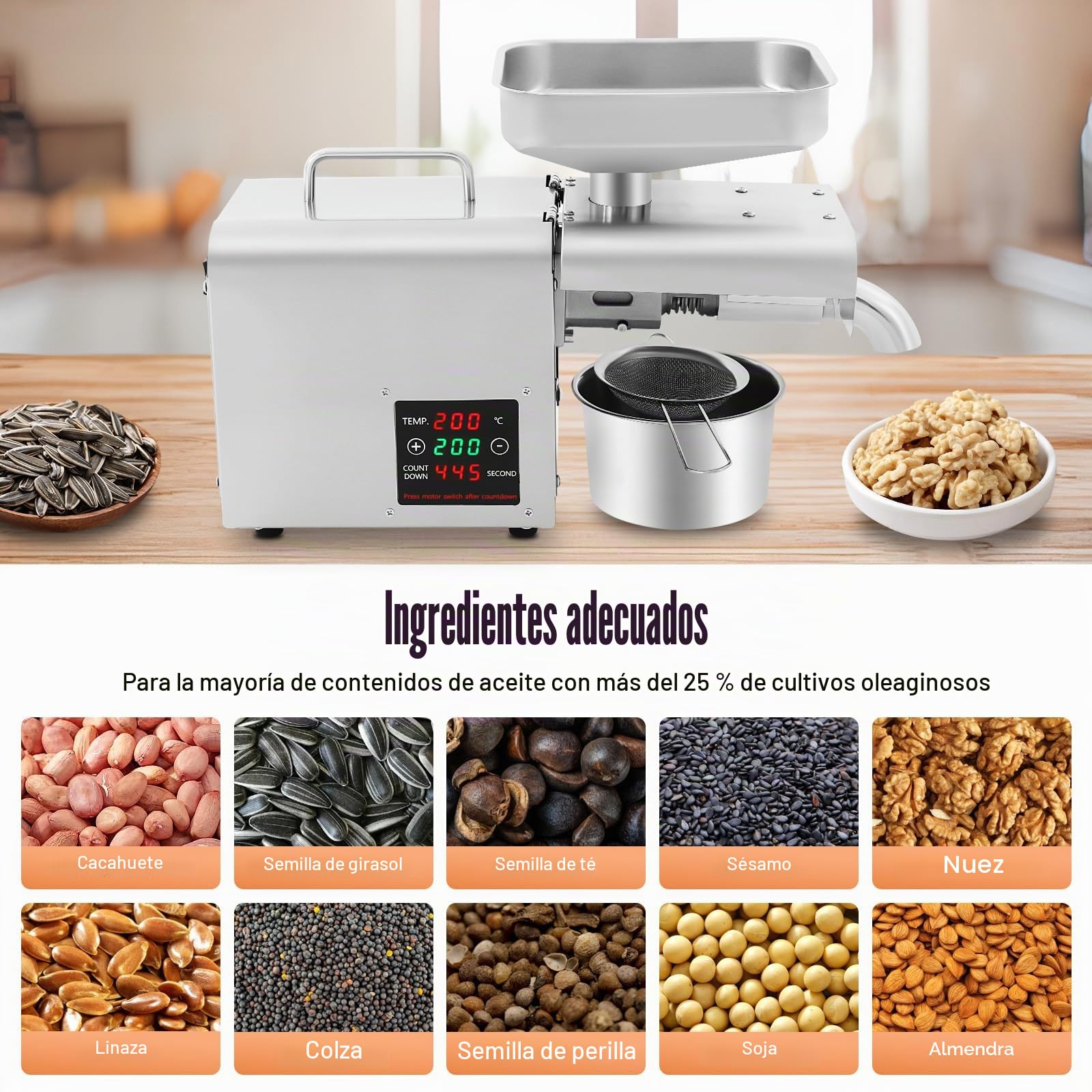 Prensa de aceite eléctrico para aceite frío y caliente, máquina de prensado de aceite para nueces, cacahuetes, sésamo, 3-6 kg/hora, 50-250 °C, 610 W