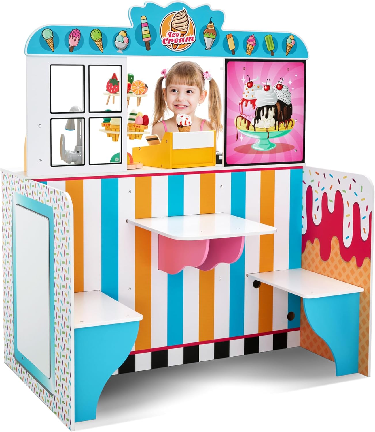 Lil' Jumbl Double-Sided Ice Cream Parlor Playset for Kids, Wooden Pretend Diner Set, Kitchen Set with Cash Register, Burners, Faucet & Dispenser are Battery Operated and Make Realistic Sound & Light