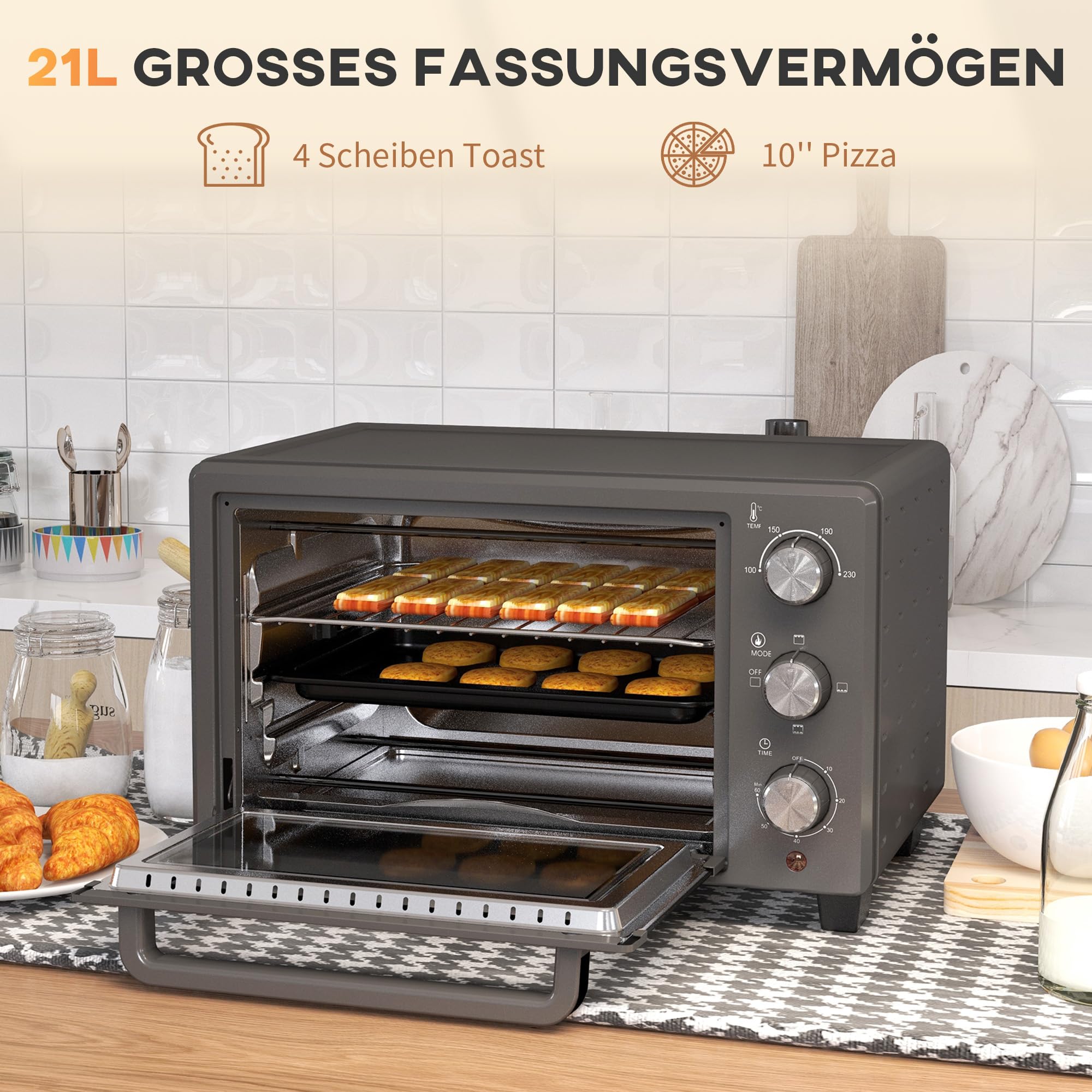 HOMCOM Mini piekarnik 21 l, 1400 W, timer 60 min, mały piekarnik z regulacją temperatury 100 °C-230°C, czas gotowania, mini piekarnik z blachą do pieczenia, stelaż z drutu, piec stołowy z metalu
