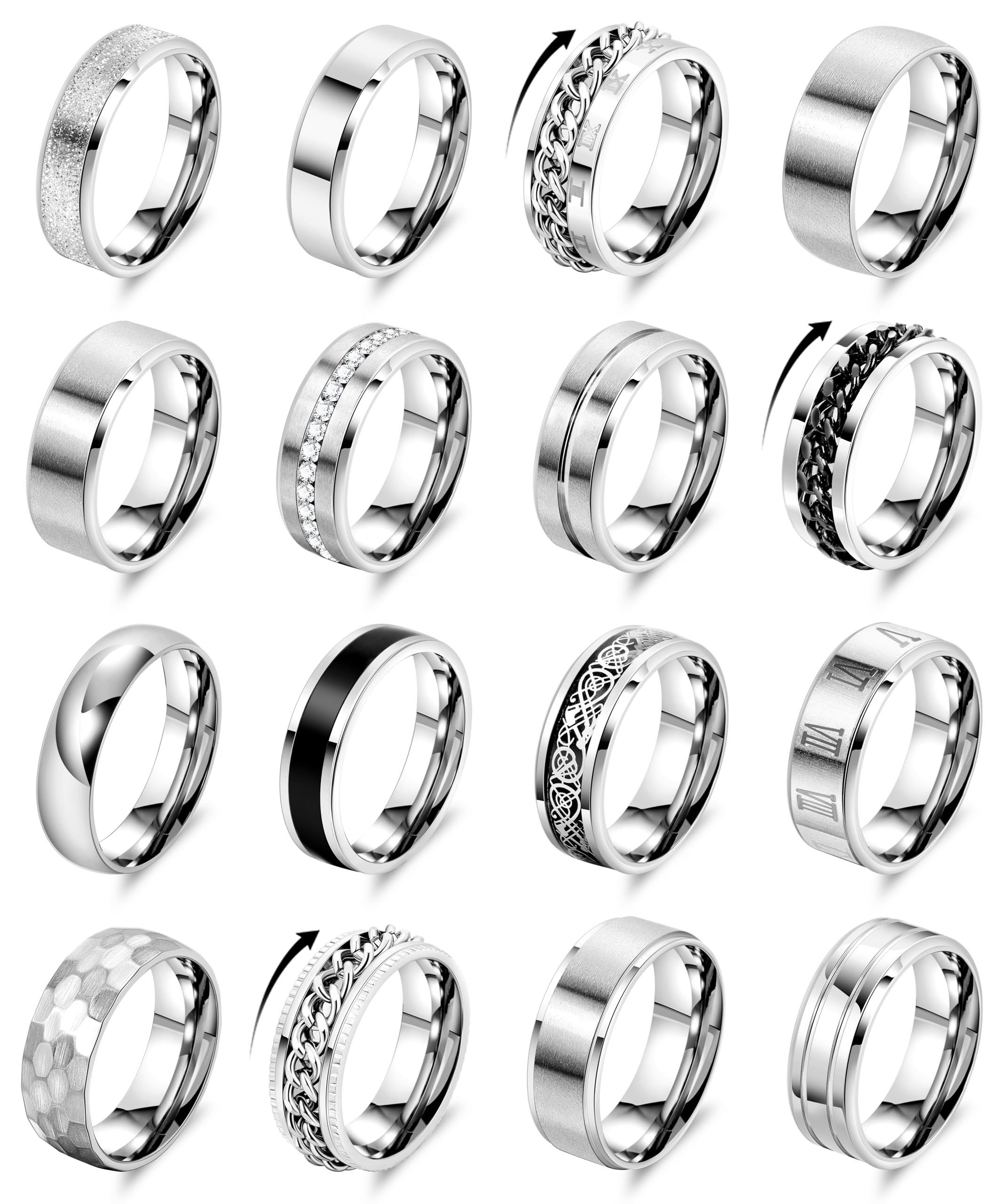 REVOLIA 16PCS Silver Rings for Men Stianless Steel Band Rings for Men Women Simple Engagement Wedding Promise Rings Set