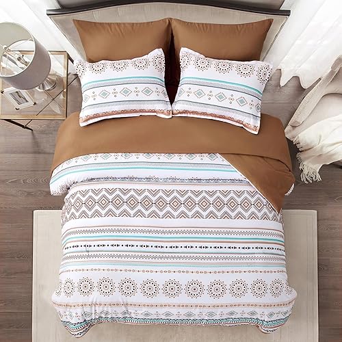 Miniatura 3 de Juego de edredón bohemio tamaño King, juego de cama de 7 piezas en una bolsa, juego de ropa de cama a rayas marrones, edredón floral de cachemira y