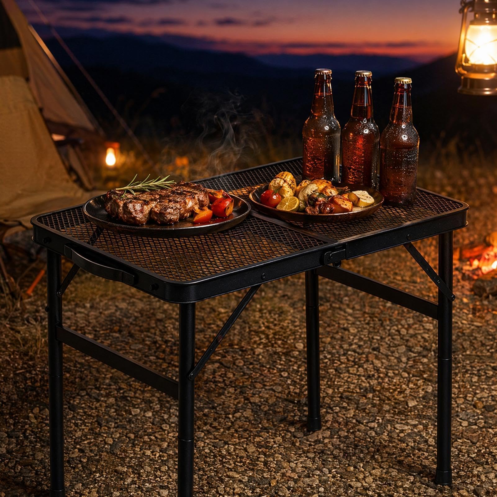 Tavolo da Barbecue Pieghevole Rete Compatta Regolabile in Altezza | Tavolo da Esterno con Maniglia di Trasporto per Picnic, Campeggio, Spiaggia, Viaggi, Giardino