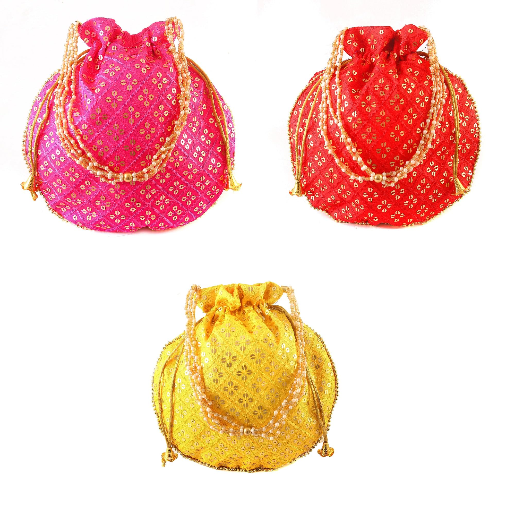 Traditional Sequins Potli Combo Drawstring Bags with Pearl Handle, Floral Embroidered Design-image-46