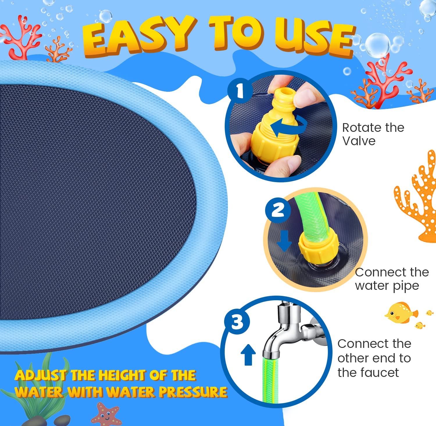 Giochi d'acqua per esterni, 170 cm, spruzzatore d'acqua Splash Pad, giocattolo da giardino e piscina per cani con funzione antiscivolo (blu-170 cm)