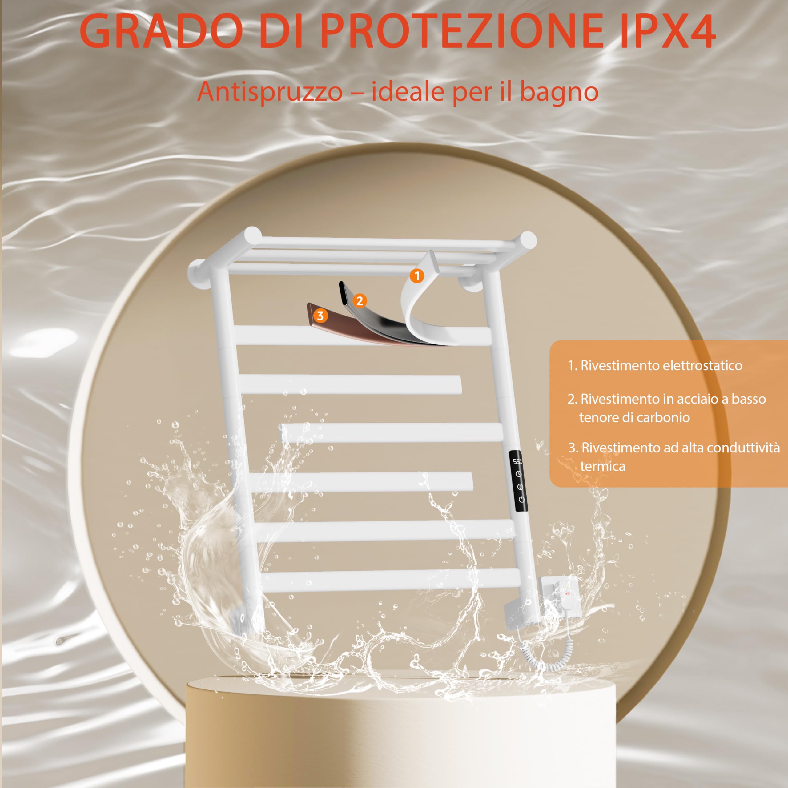 360W Scaldasalviette Elettrico Bagno con ripiano Superiore, Radiatore Scaldasalviette con 5 Barre (3 Barre Girevole 180°), Parete Termoarredo Elettrico, Controllo Tattile 35-70°C, IPX4, Bianco