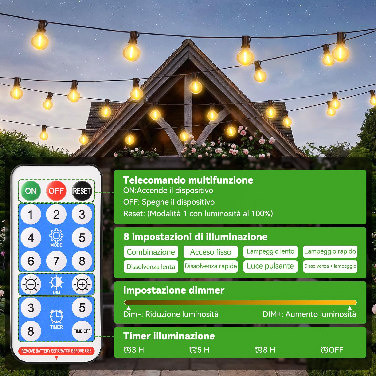 Catena Luminosa Esterno Giardino Solare - Luci da Esterne 15M/50FT Solari Dimmerabile Impermeabile con LED G40 Lampadine per Esterne Illuminazione Gazebo Patio Balcone