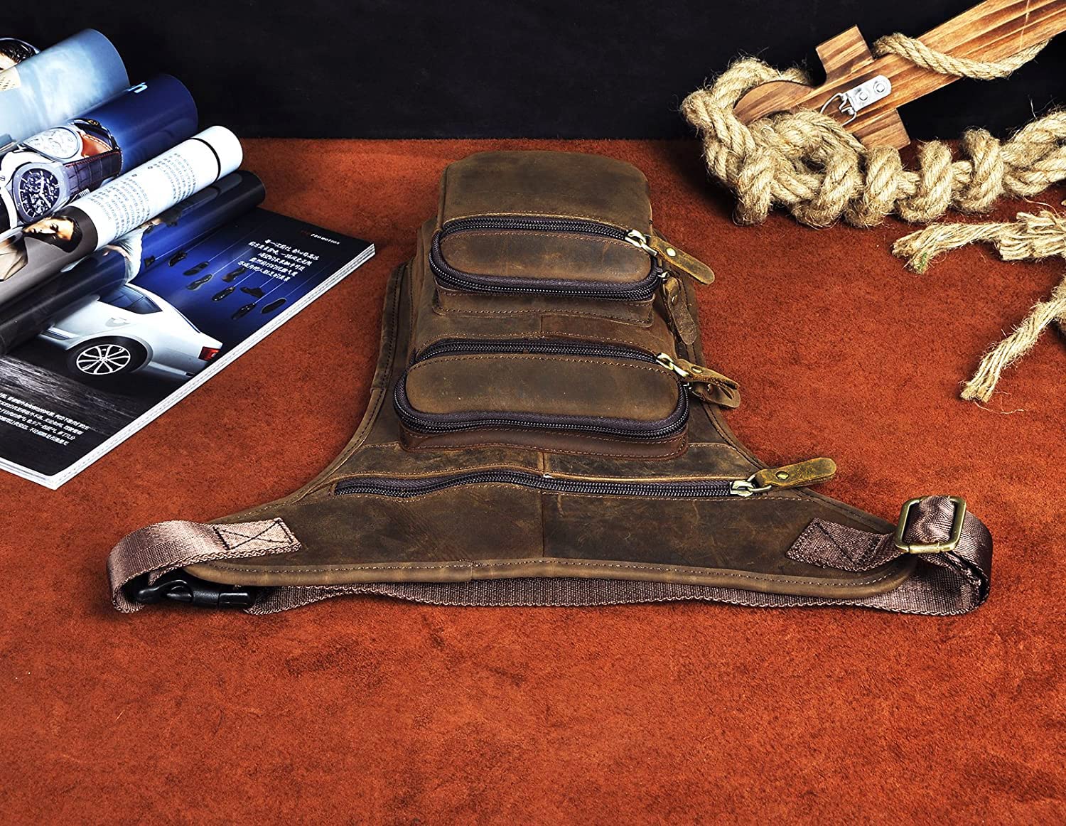 Le'aokuu Cintura tattica da moto in vera pelle da uomo Marsupio con gamba a goccia Borsa incrociata 3111