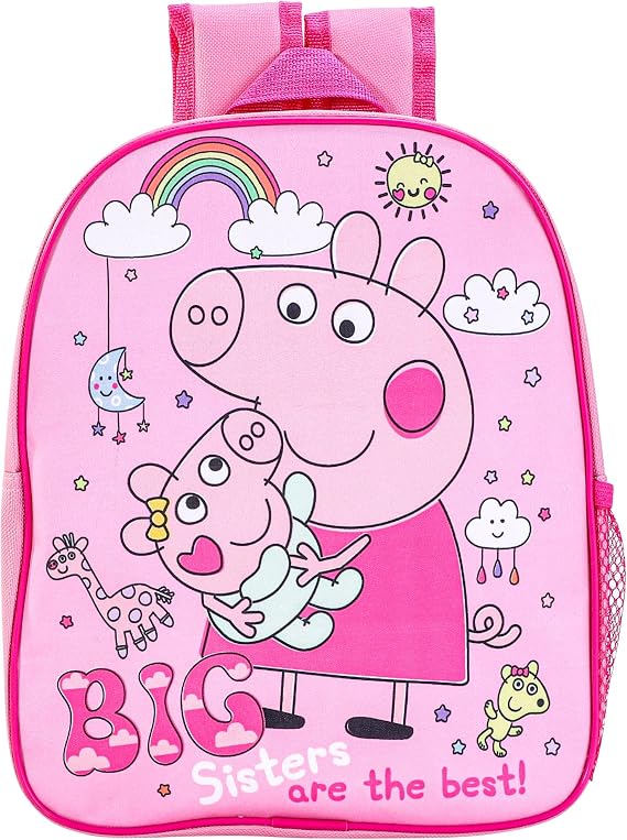 TDL Peppa Pig Girls Backpack – “Big Sisters Are the Best” Official Peppa Pig School Bag with Peppa & Evie– Pink Toddler & Preschool Rucksack with Side Mesh Pocket