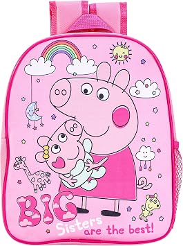 TDL Peppa Pig Girls Backpack – “Big Sisters Are the Best” Official Peppa Pig School Bag with Peppa & Evie– Pink Toddler & Preschool Rucksack with Side Mesh Pocket