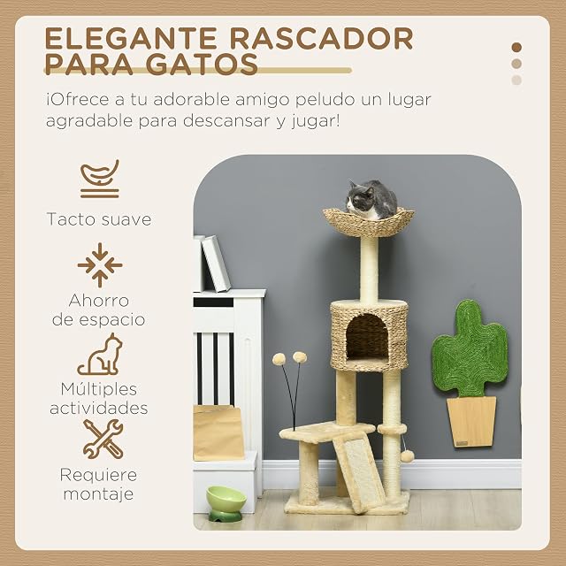 Foto 2 de 8 de PawHut Árbol Rascador para Gatos Altura 116 cm Torre para Gatos Interior con Postes de Rascar Cama Nido Rampa…