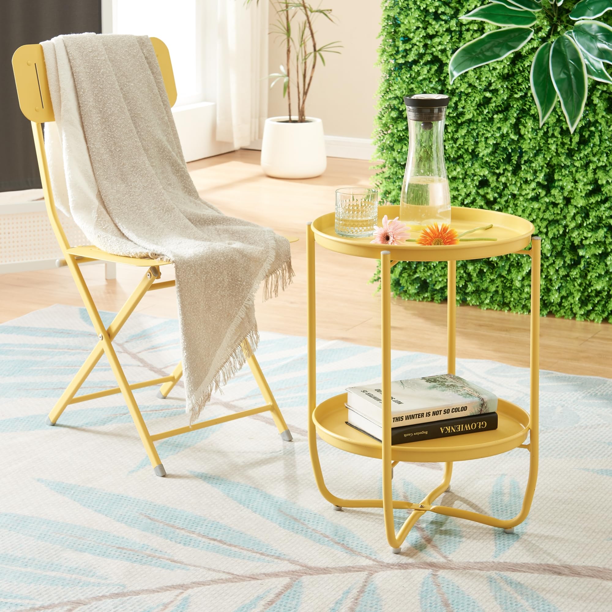 [en.casa] Table Basse avec Plateaux Ronds Amovibles Table d'Appoint pour Extérieur Intérieur Jardin Terrasse Balcon Table de Bistrot Design Intemporel Acier 58 x 40 cm Jaune