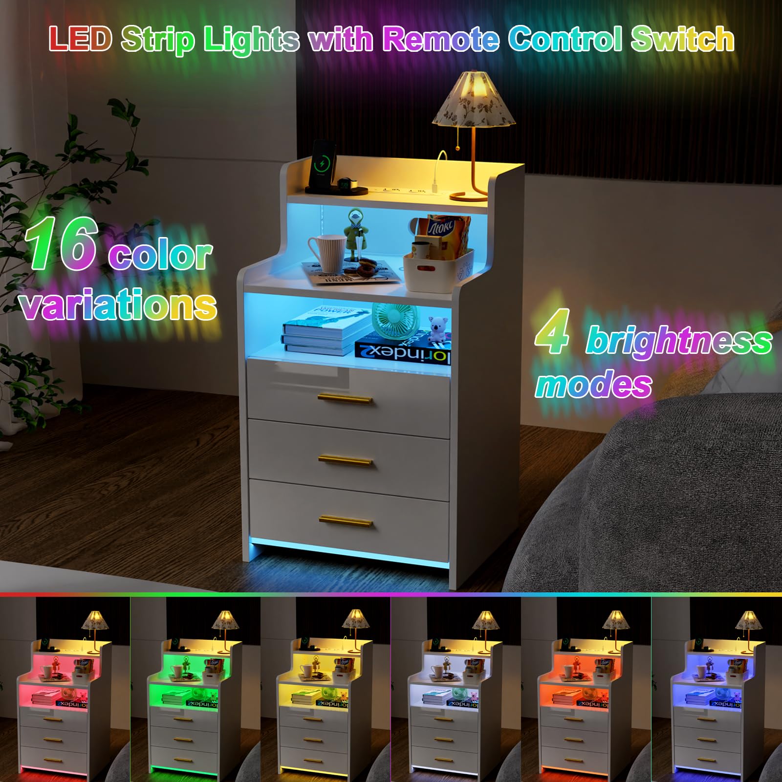 Mesita de Noche Blanca con luz LED - Mesa Auxiliar con Base de Carga, 3 cajón de Almacenamiento, Mesita de Noche para Dormitorio, Salón, 2 Puertos USB, 2 enchufes, Compartimento Abierto 45x40x76 cm