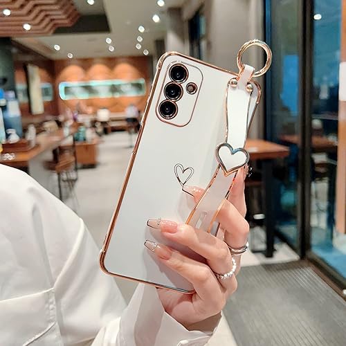 Vista 289 de ZTOFERA Funda para Samsung Galaxy S22 Plus 5G con correa para la muñeca, bonito borde chapado de lujo, patrón de corazones de amor para niñas y Azul