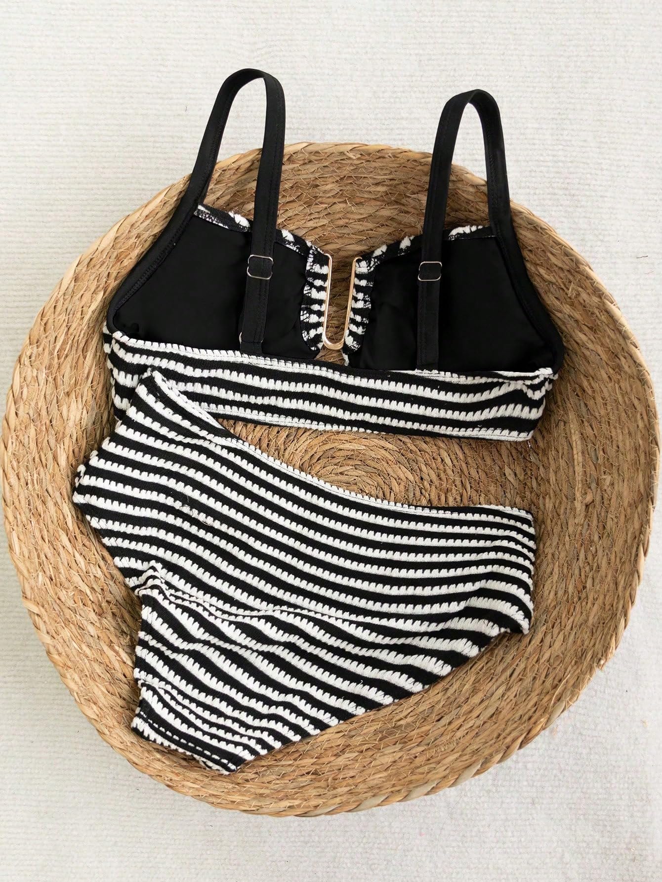 Bikini da donna a righe strutturato a vita alta Set con anello a U Due pezzi Costumi da bagno estivi Nero e Bianco L