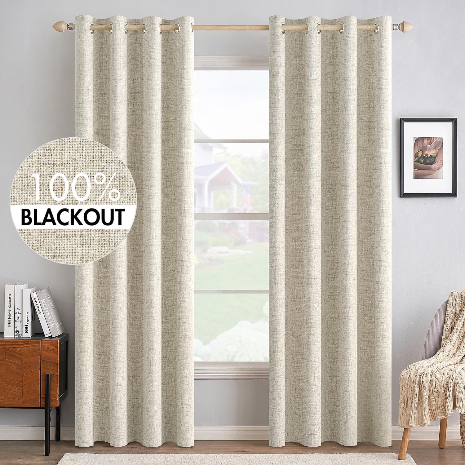 MIULEE 100% Blackout Linen Textured Curtains for Bedroom Solid Thermal Insulated Cream Grommet Room Darkening Curtains & Drapes Luxury Decor for Living Room Nursery 52 x 90 Inch (2 Panels) 52"W x 90"L (Pack of 2) Cream