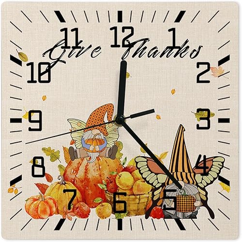 Fall Thanksgiving Wooden Wall Clock Silent Non Ticking, Give Thanks Gnomes Pumpkins Square Wall Clock Battery Operated, Decor Clock for Home Office,