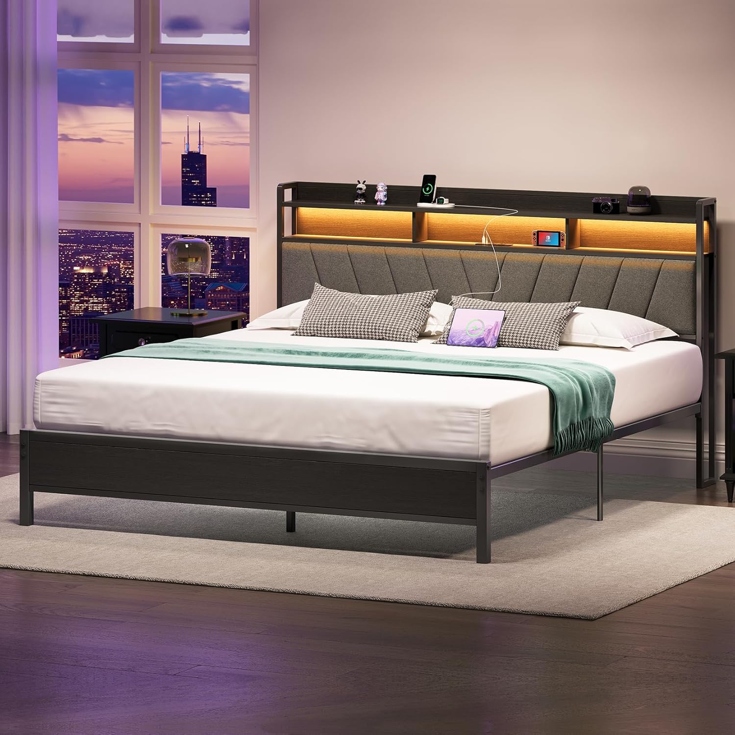 Welzona King Size Bed Frame with Headboard, Metal Platform Bed with LED Lights & Charging Station, 2-Tier Storage, Sturdy and Easy Assembly, Under Bed Storage, No Box Spring Needed, Noise Free, Black