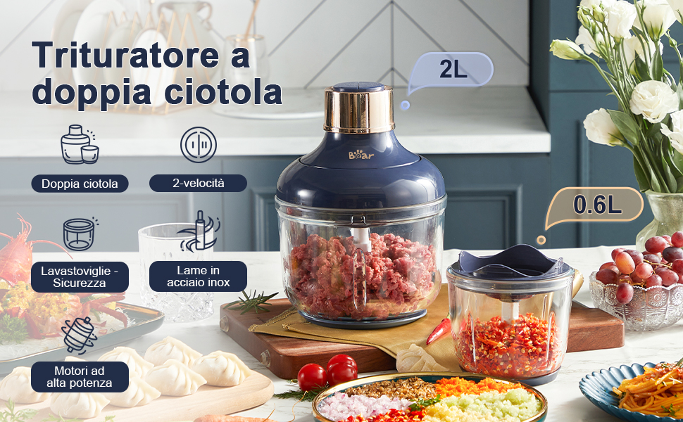 Tritatutto Elettrico Bear Doppia Ciotola 0.6L+2L | 300W, 2 Velocità, Lame Acciaio, Per Carne E Verdure, Vetro Borosilicato