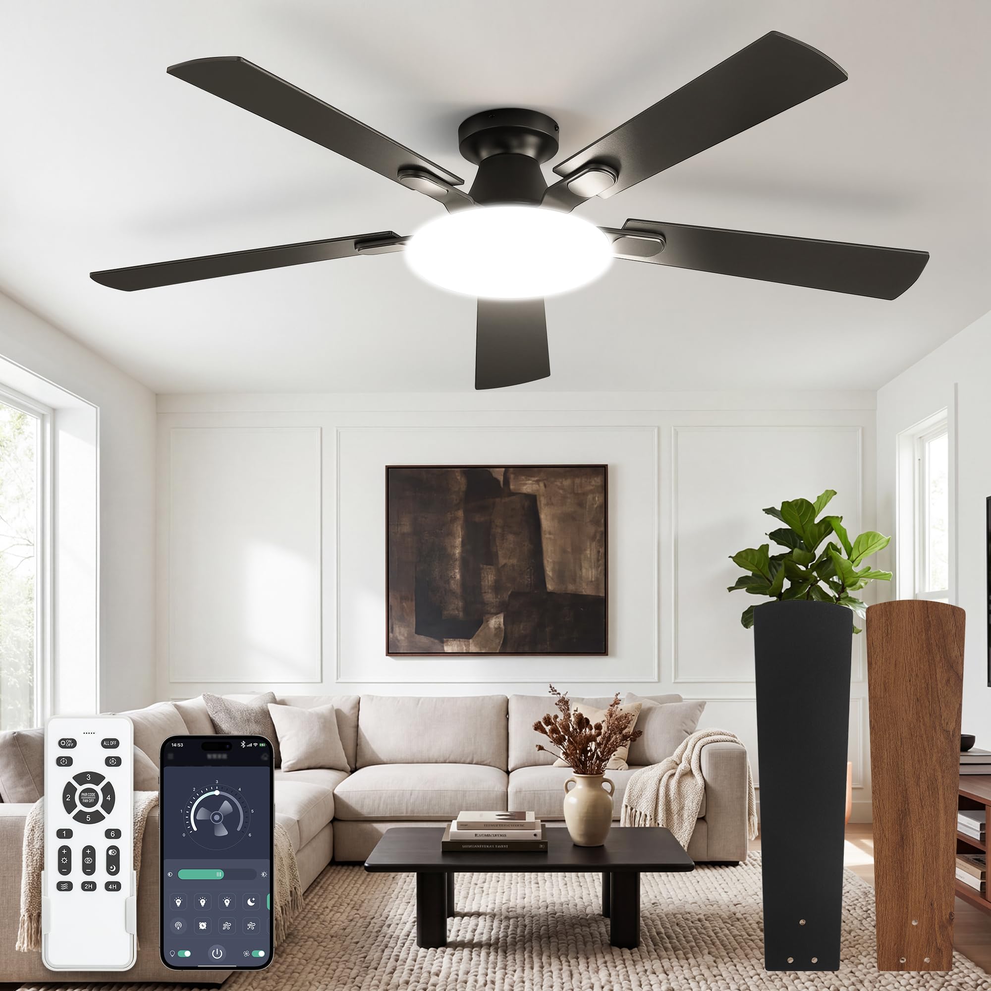 LEDIARY 52 Inch Flush Mount Ceiling Fans with Lights, Remote & APP Control | Bright Light, 3CCT, Memory Function, Timer, Reversible Blade, Quiet DC Motor, Damp-Rated, Living Room, Bedroom, Covered Pat