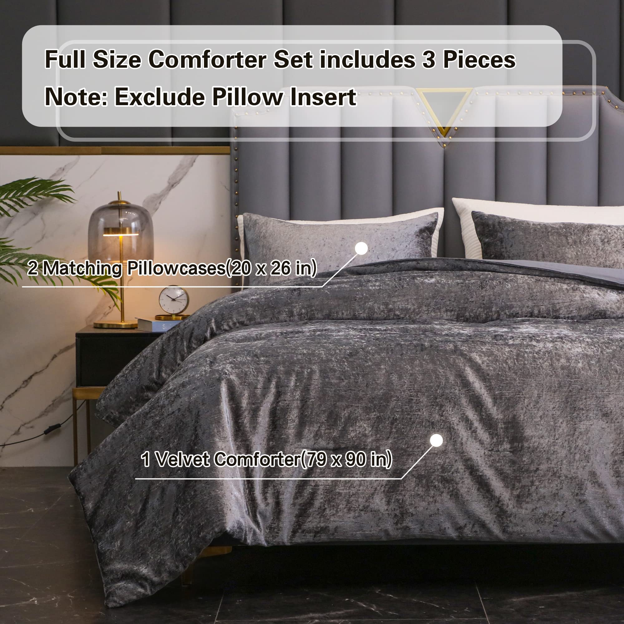 YOZEN Gray Full Korean Velvet Comforter Set (79x90 inch), 3 Pieces Grey Luxury Textured Soft Comforter with 2 Pillowcases, Lightweight Microfiber Down Alternative Bedding Set for All Season